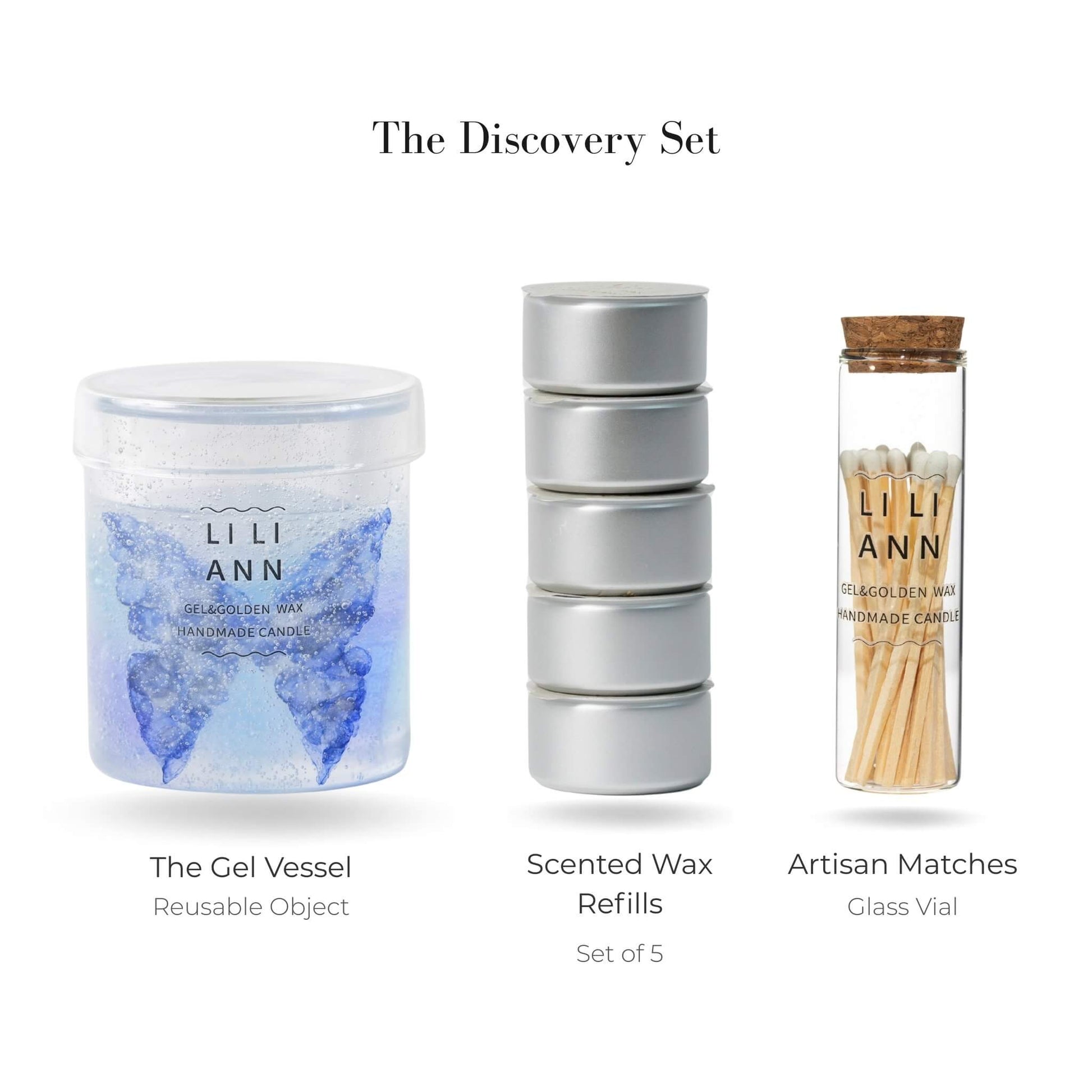 Liliann Discovery Set including The Gel Object .01 (Butterfly), 5 Butterfly Breath wax refills, and matches.