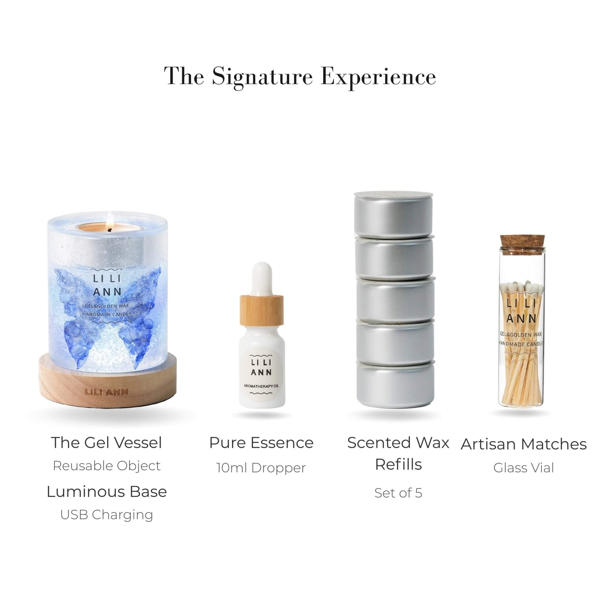 Complete Signature Set with Butterfly Vessel, Butterfly Breath Refills, Luminous Base, and Essence Oil.