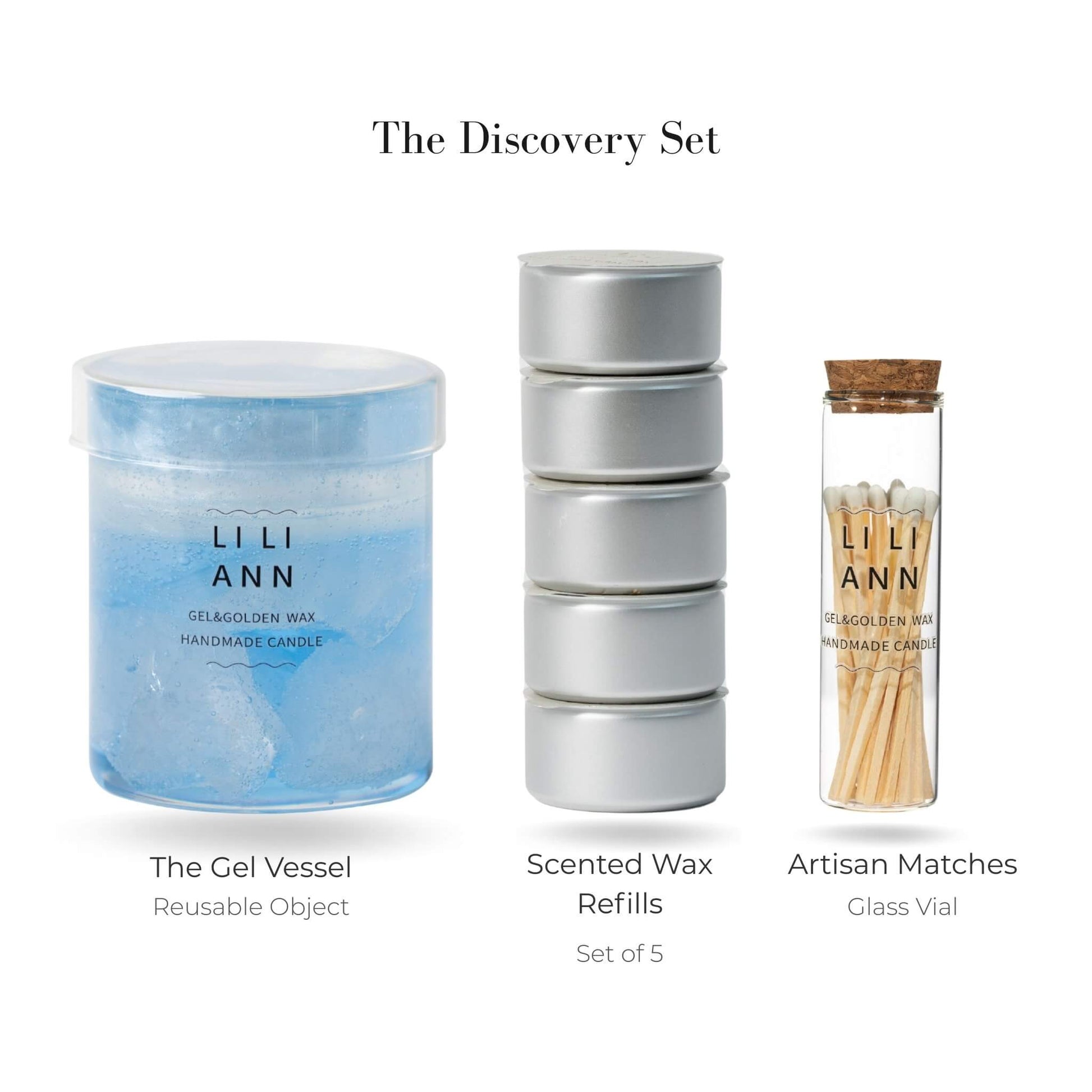 Liliann Discovery Set including The Gel Object .02 (Glacial), 5 Midnight Clarity wax refills, and matches.