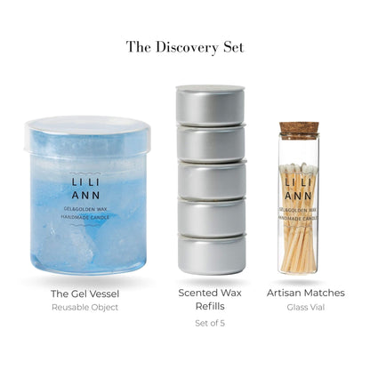 Liliann Discovery Set including The Gel Object .02 (Glacial), 5 Midnight Clarity wax refills, and matches.