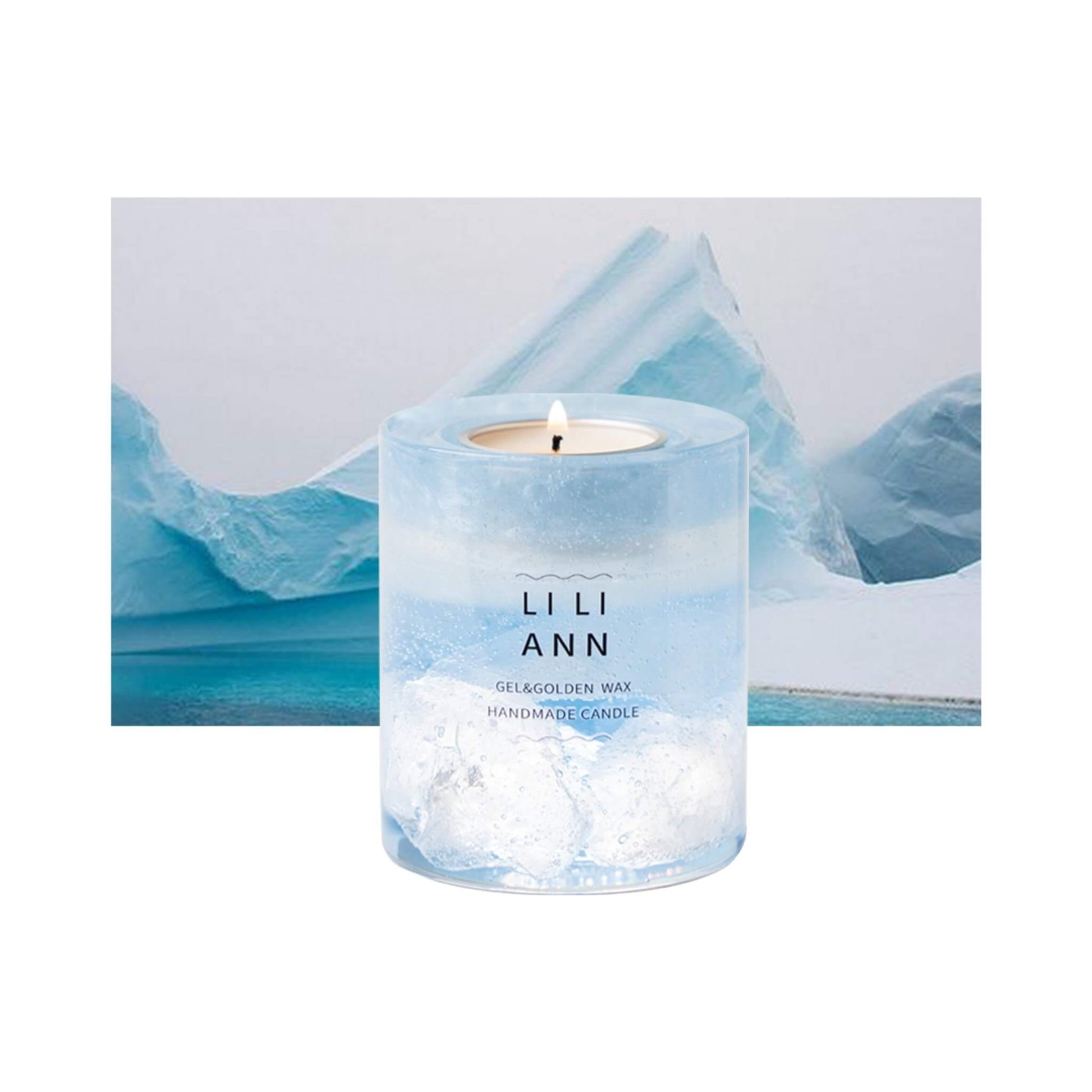 The Gel Object .02 (Glacial). A suspension of sculpted ice crystals in blue gel against a polar iceberg background. Refillable archive.