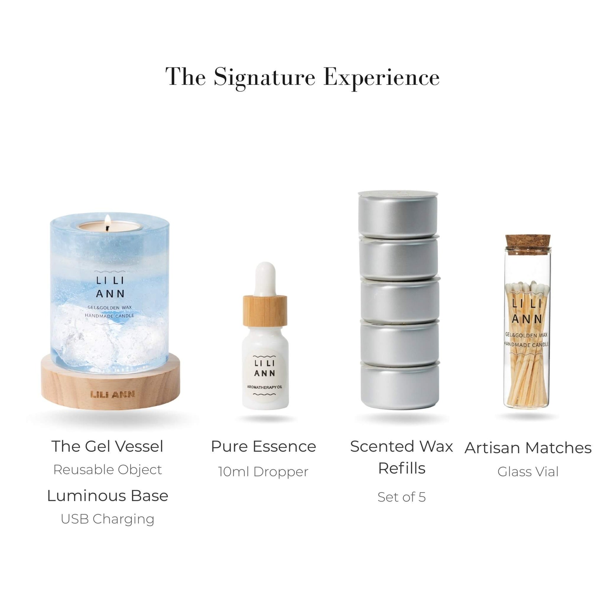 Complete Signature Set with Glacial Vessel, Midnight Clarity Refills, Luminous Base, and Essence Oil.