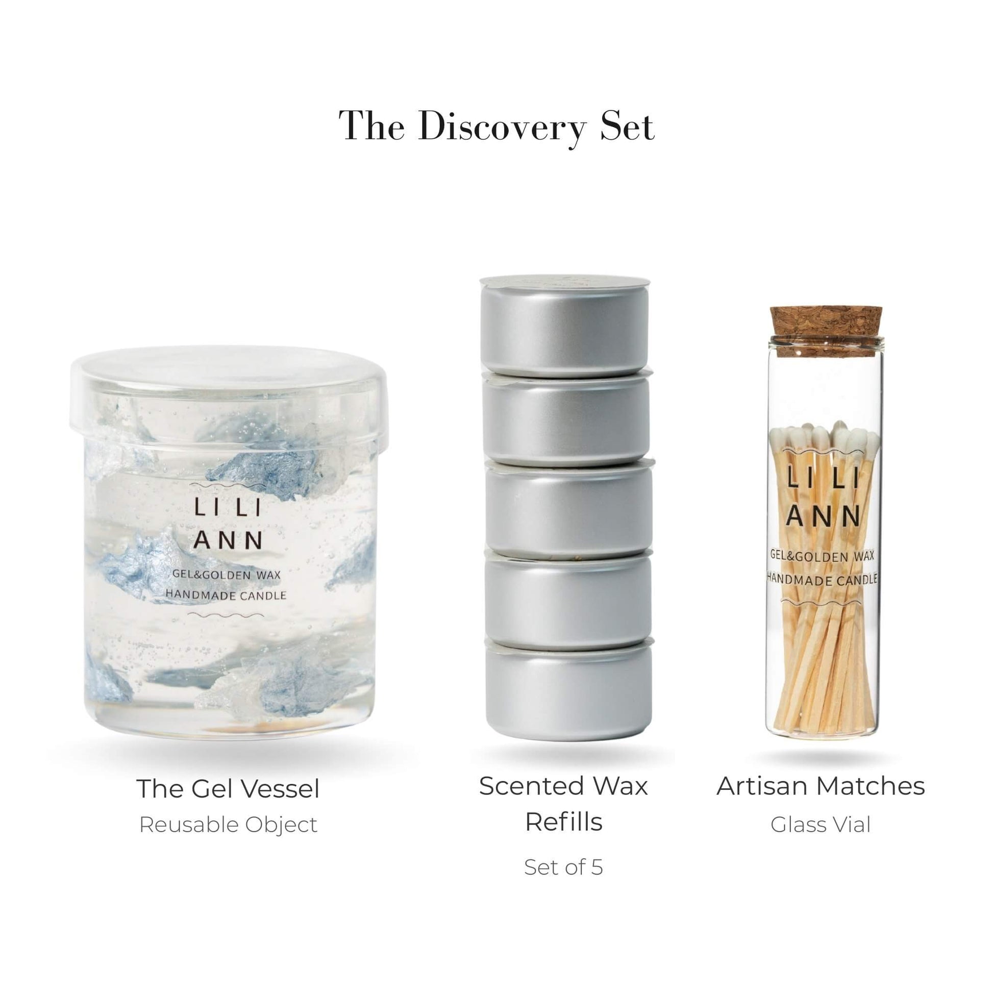 Liliann Discovery Set including The Gel Object .03 (Cloud), 5 White Linen wax refills, and matches.