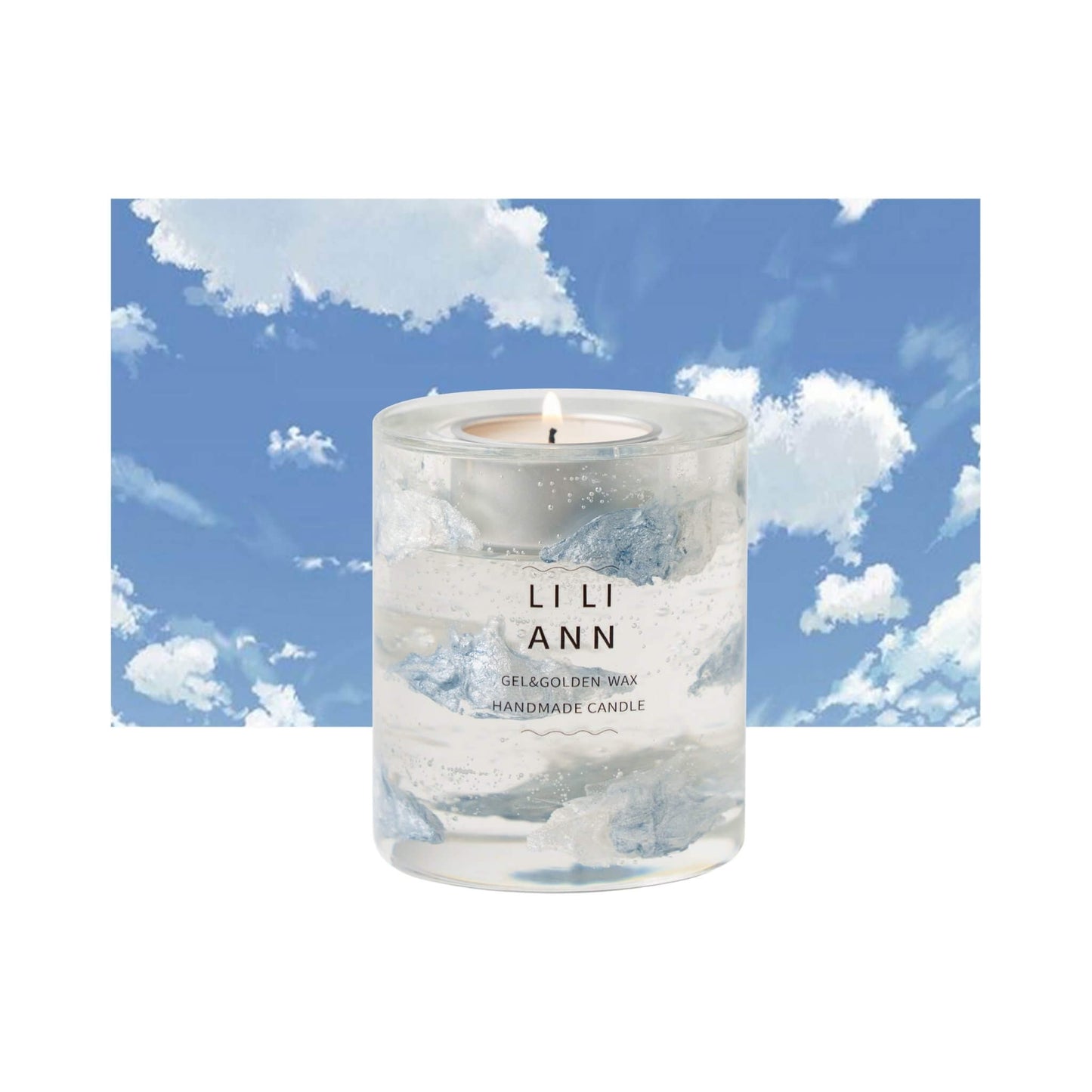 The Gel Object .03 (Cloud). A suspension of silvered cloud formations in clear gel against a blue sky background. Refillable archive.