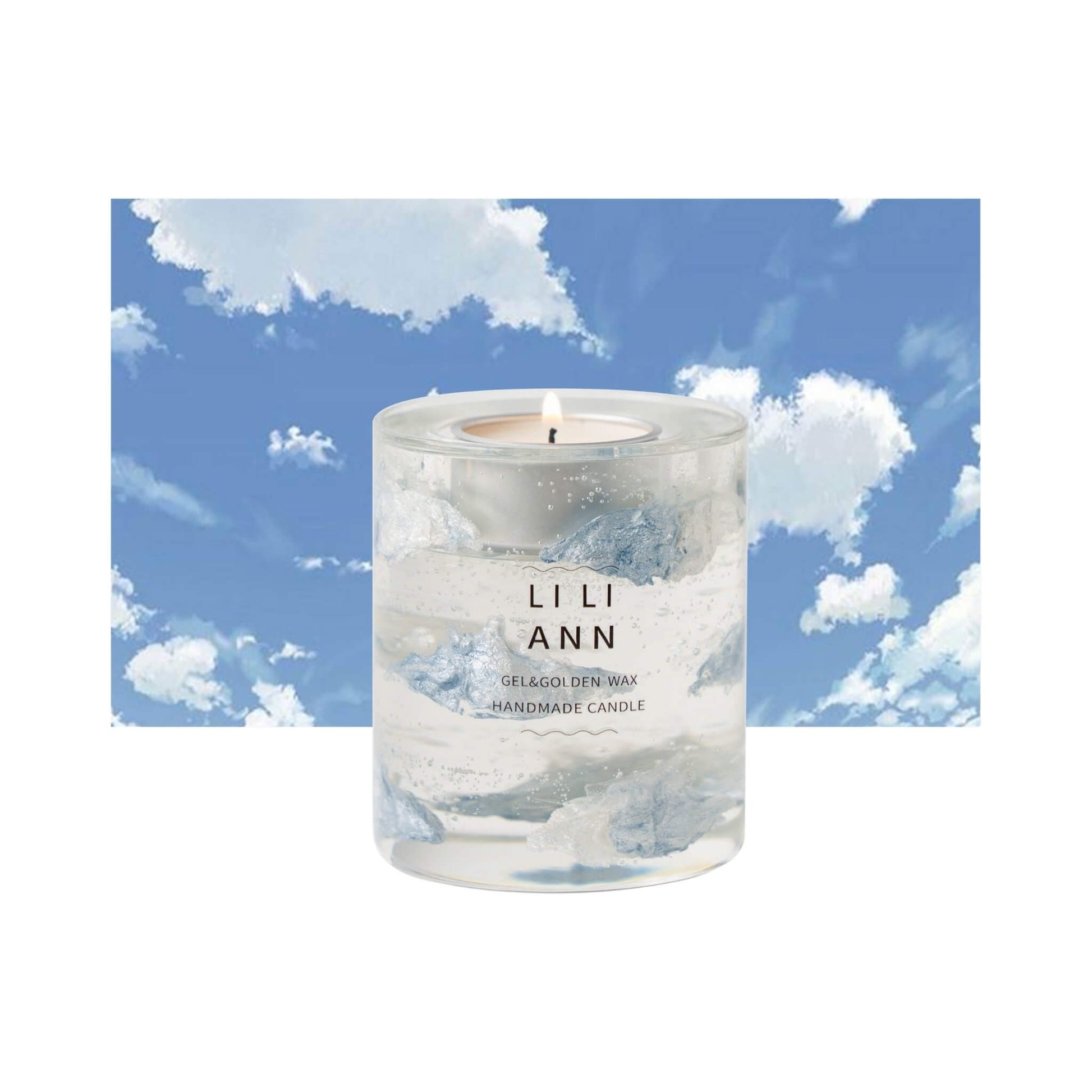 The Gel Object .03 (Cloud). A suspension of silvered cloud formations in clear gel against a blue sky background. Refillable archive.