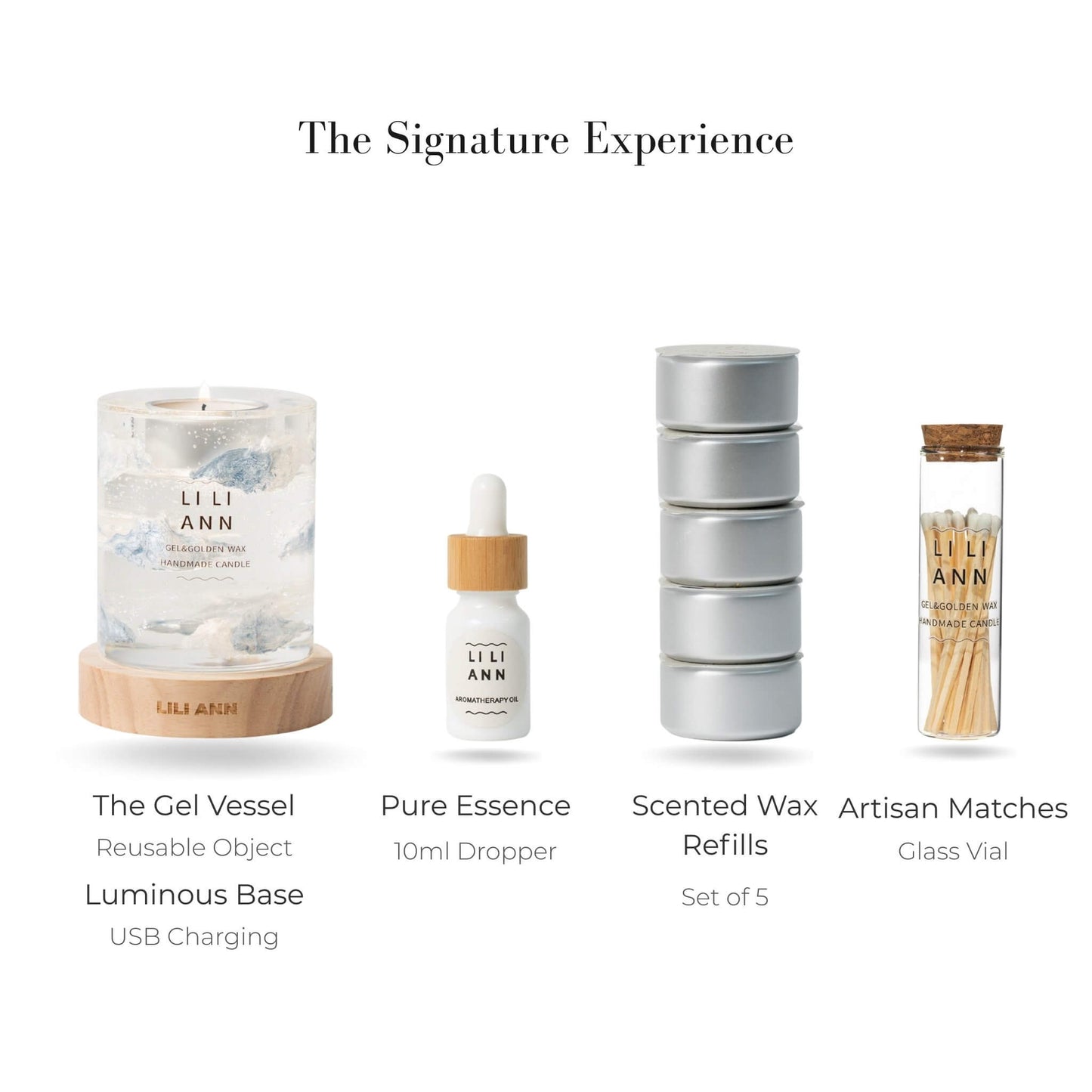 Complete Signature Set with Cloud Vessel, White Linen Refills, Luminous Base, and Essence Oil.