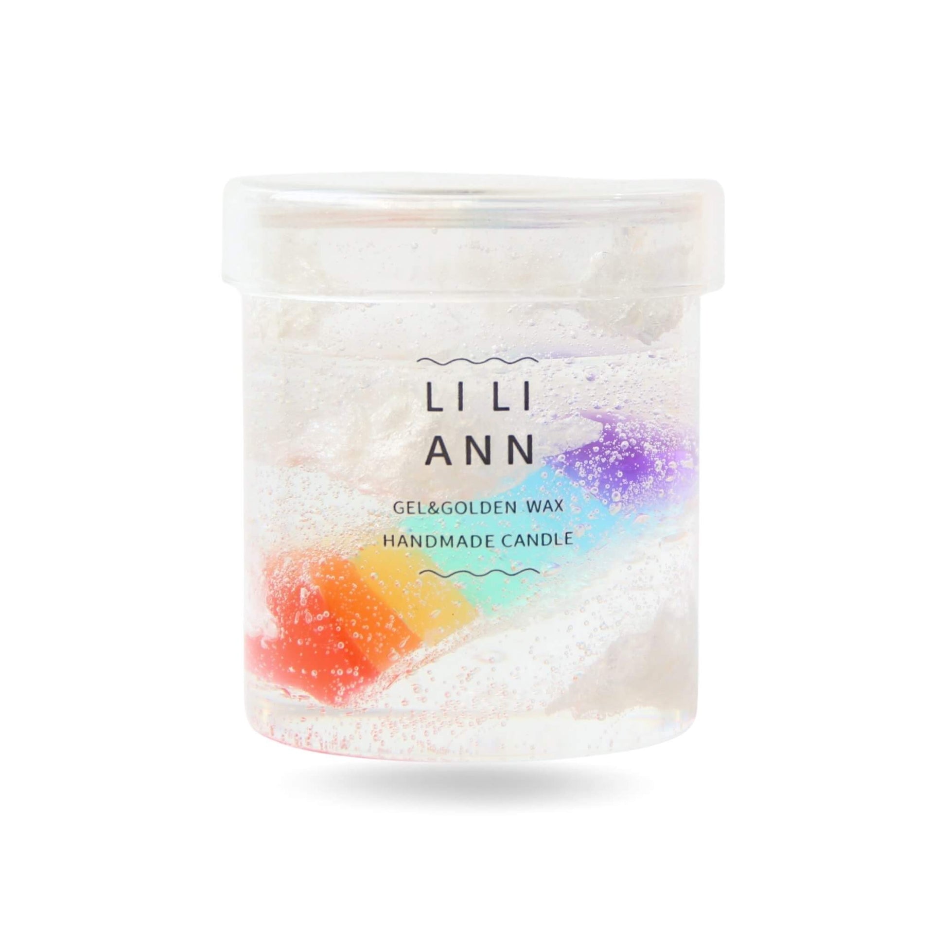 Close-up of the embedded rainbow gradient and bubble textures within the clear gel vessel.