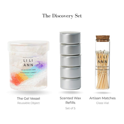 Liliann Discovery Set including The Gel Object .04 (Spectrum), 5 After The Rain wax refills, and matches.