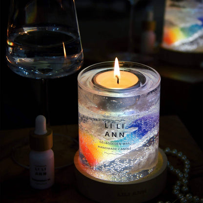 Illuminated Gel Object .04 next to a wine glass, showing the refraction of light through the multi-colored gel layers.