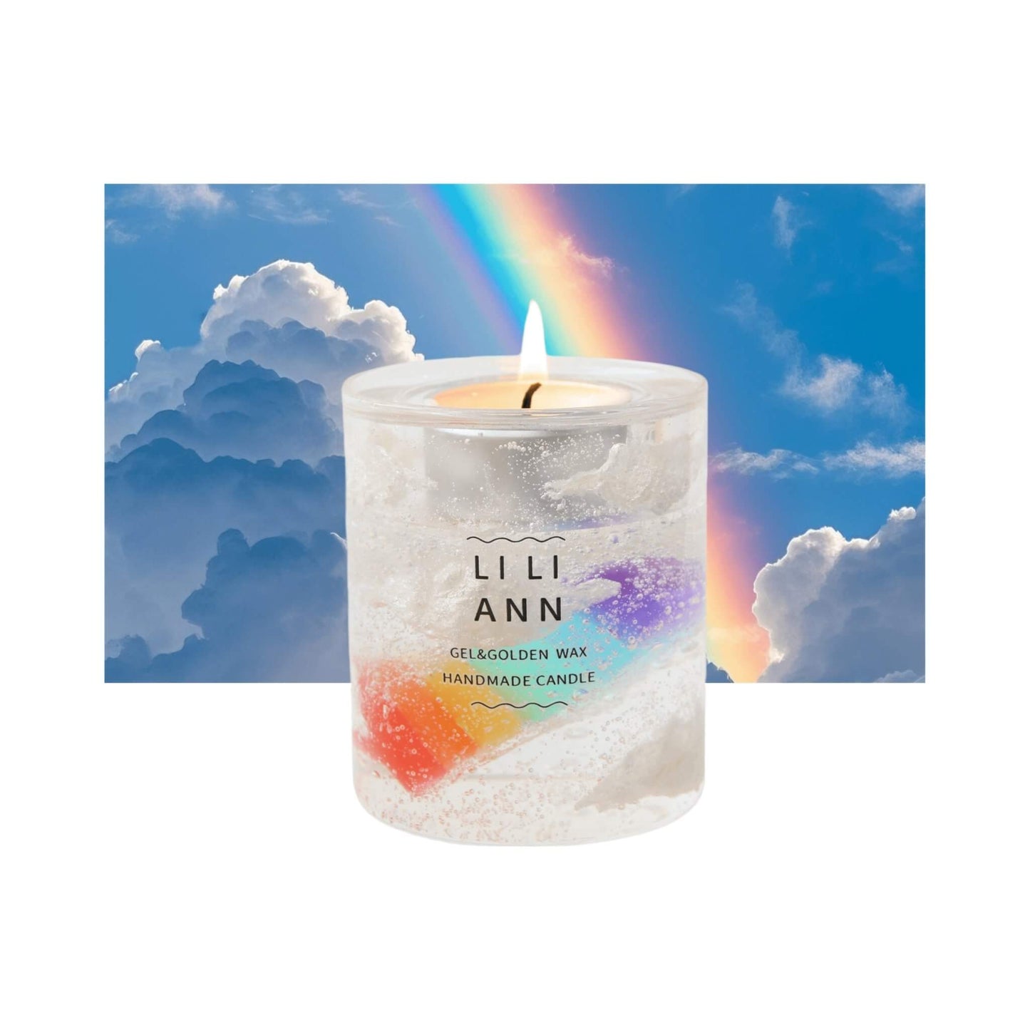 The Gel Object .04 (Spectrum). A chromatic prism gradient suspended in cloud-textured gel against a rainbow sky. Refillable archive.