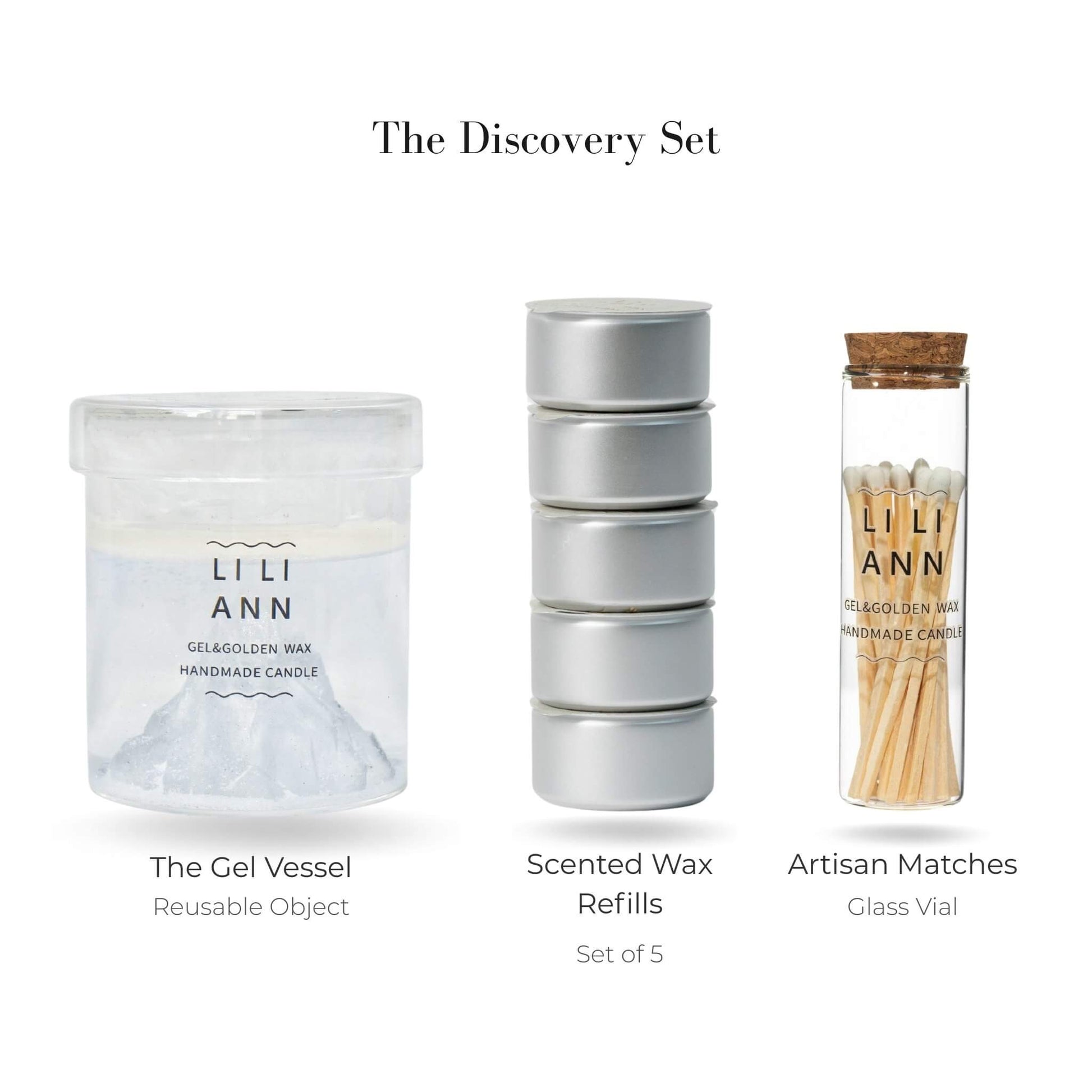 Liliann Discovery Set including The Gel Object .06 (Alpine), 5 Alpine Citrus wax refills, and matches.