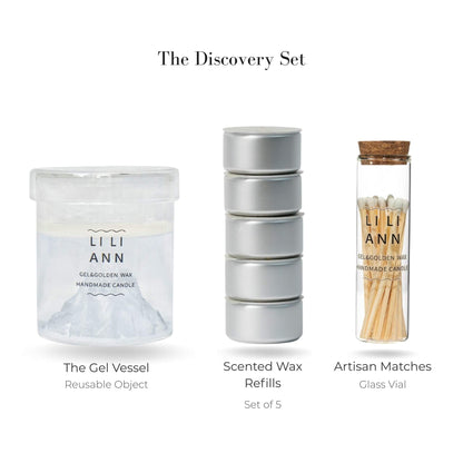 Liliann Discovery Set including The Gel Object .06 (Alpine), 5 Alpine Citrus wax refills, and matches.