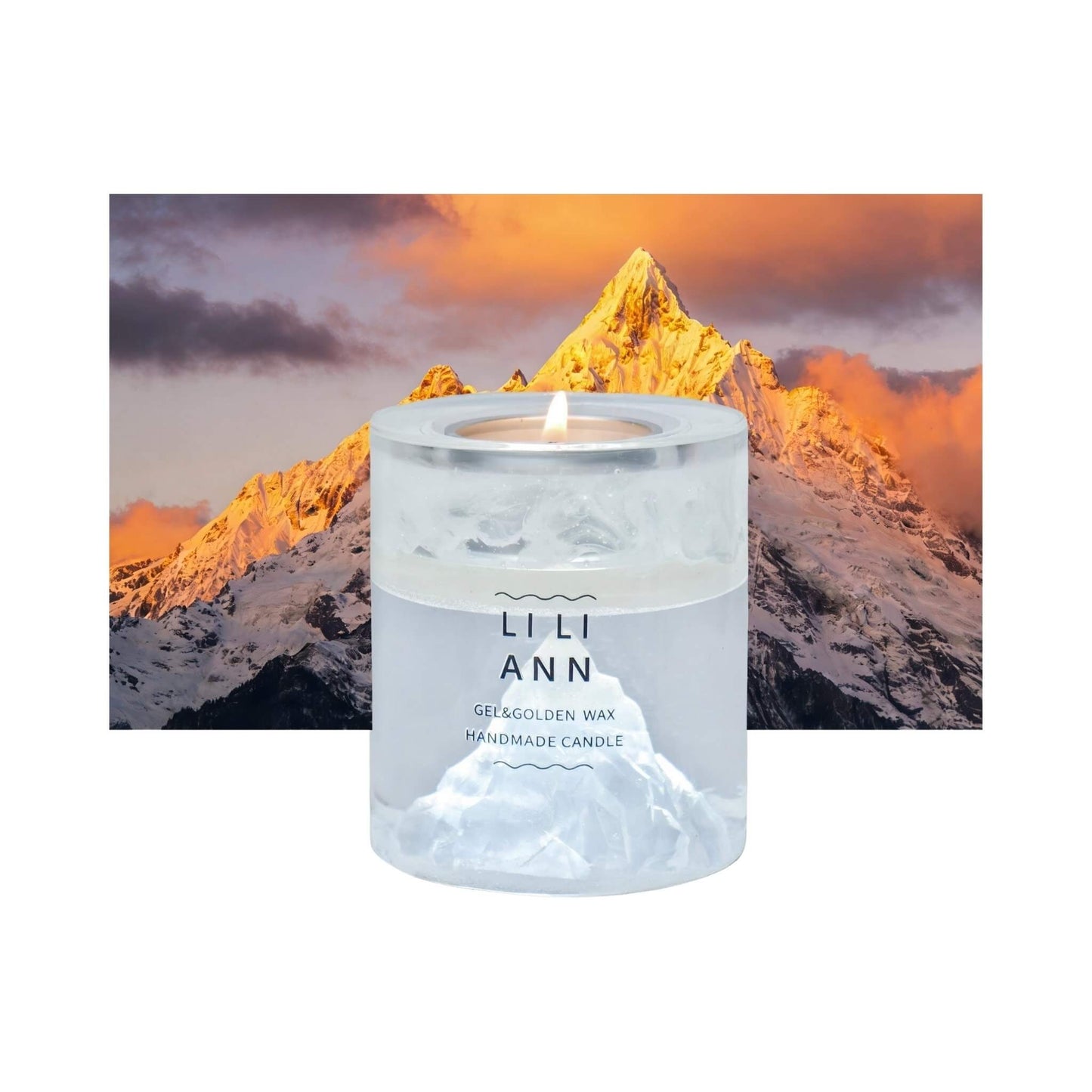 The Gel Object .06 (Alpine). A sculpted snow mountain peak suspended in clear gel against a sunset mountain range. Refillable archive.