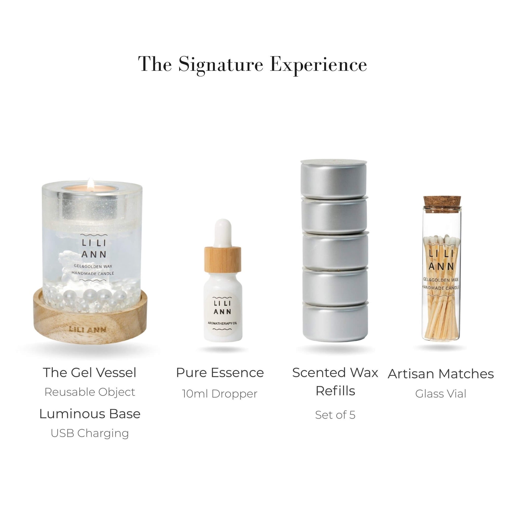 Complete Signature Set with Alpine Vessel, Alpine Citrus Refills, Luminous Base, and Essence Oil.