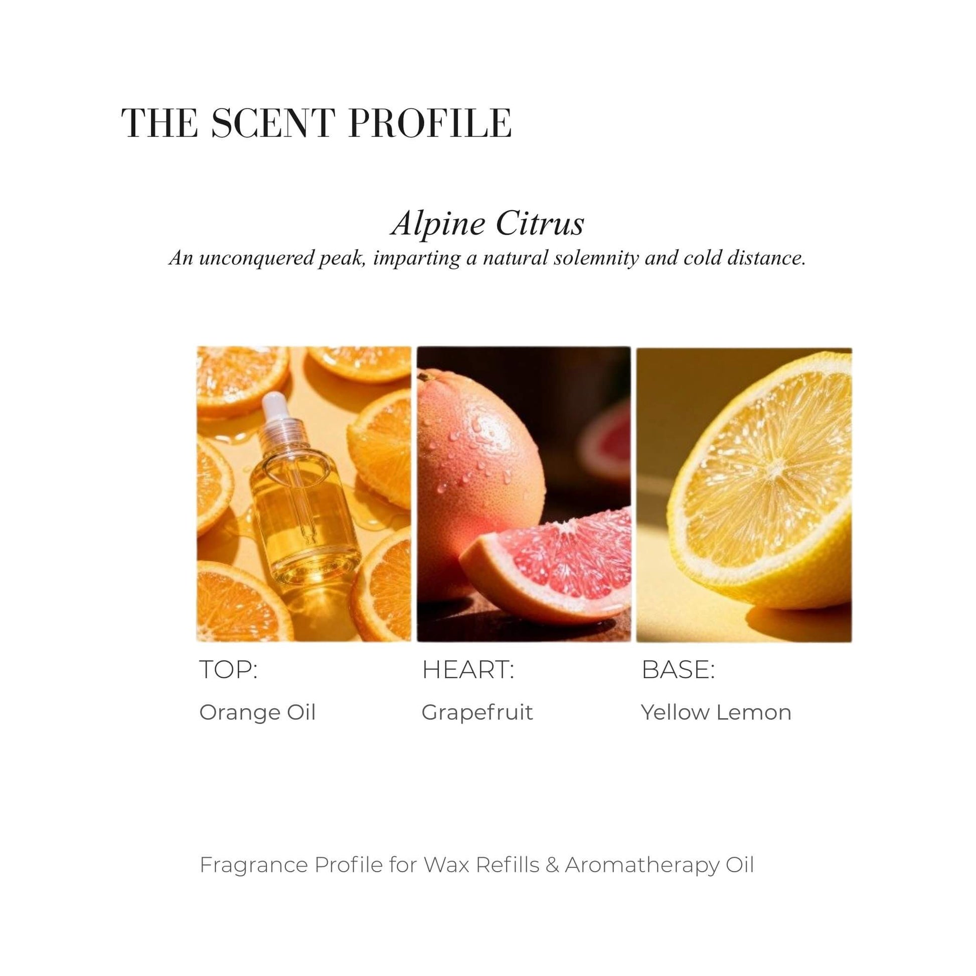 Scent profile chart for Alpine Citrus featuring Sliced Oranges, Pink Grapefruit, and Yellow Lemon.