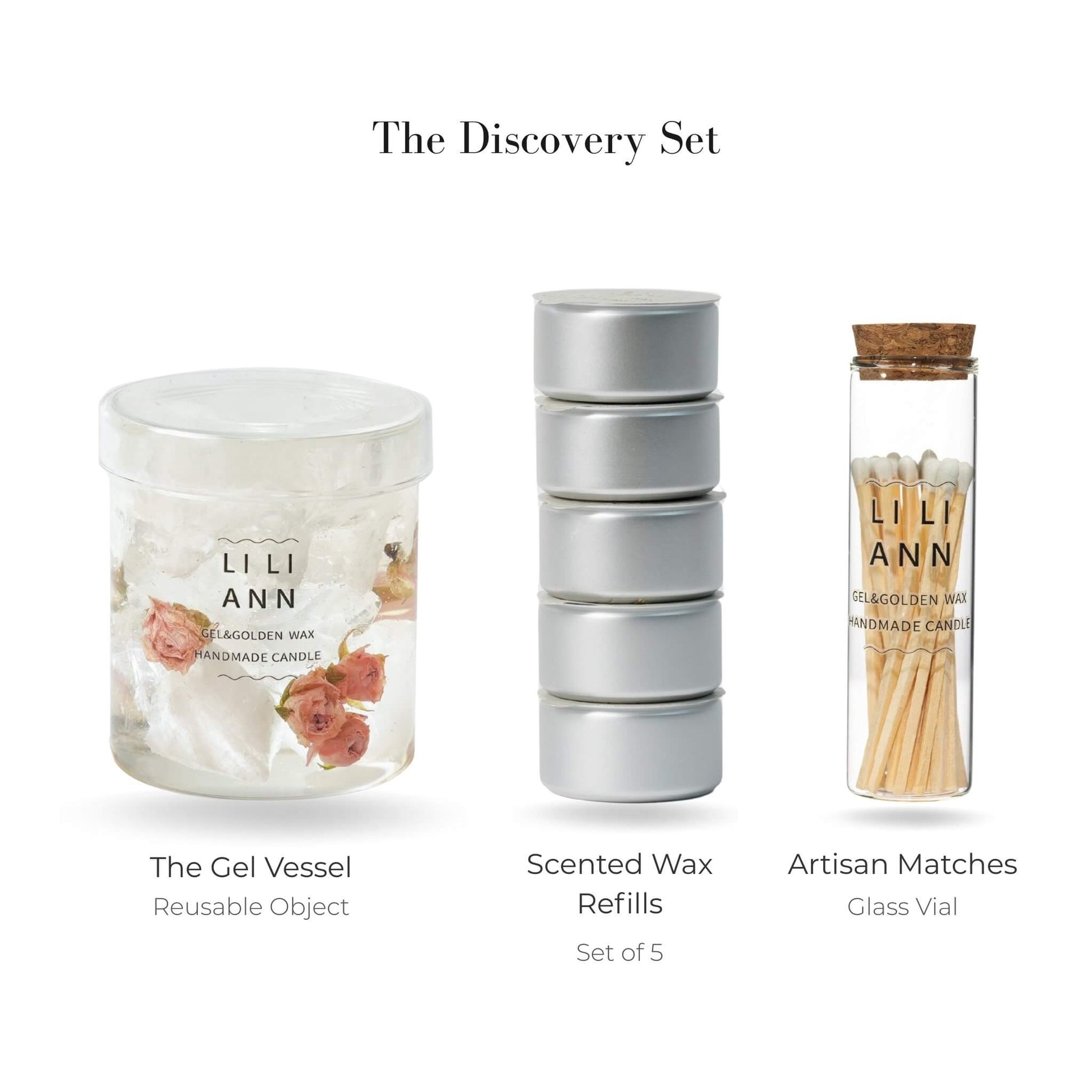 Liliann Discovery Set including The Gel Object .07 (Frosted Rose), 5 Frosted Rose wax refills, and matches.