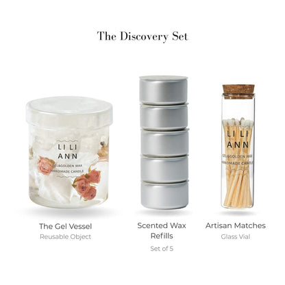 Liliann Discovery Set including The Gel Object .07 (Frosted Rose), 5 Frosted Rose wax refills, and matches.