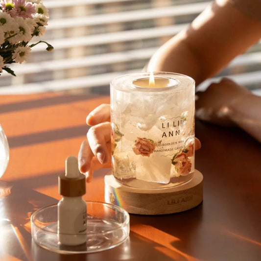 The Gel Object .07 on a wooden table, capturing the contrast between warm sunlight and the visual coldness of the frozen roses.
