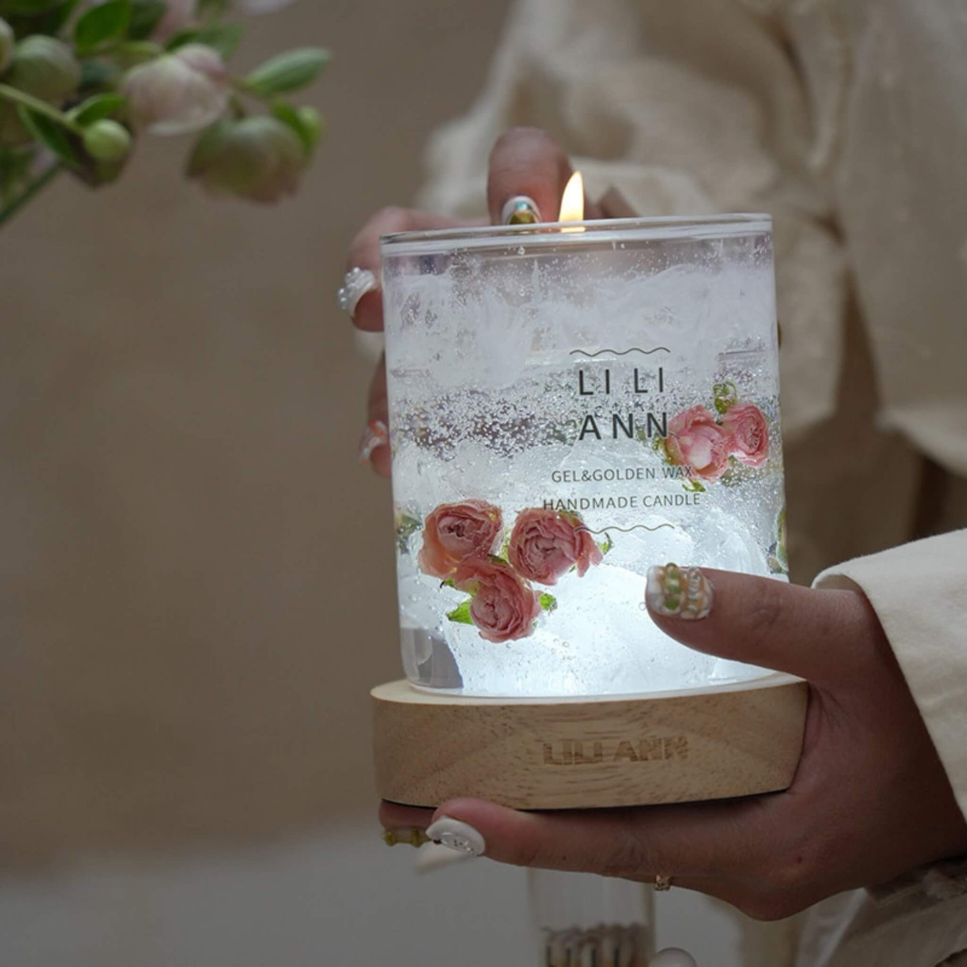 Holding The Gel Object .07 in hand. The candlelight illuminates the suspended botanical artifacts and ice textures.