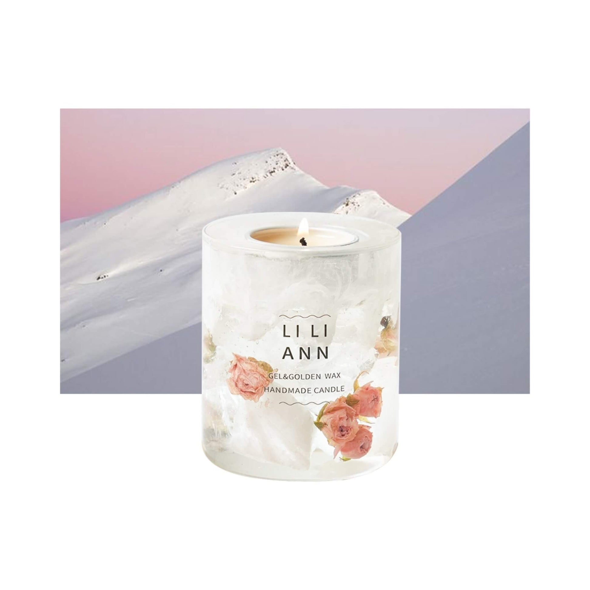 The Gel Object .07 (Frosted Rose). Pink rose buds suspended in fractured ice gel against a snowy mountain background. Refillable archive.