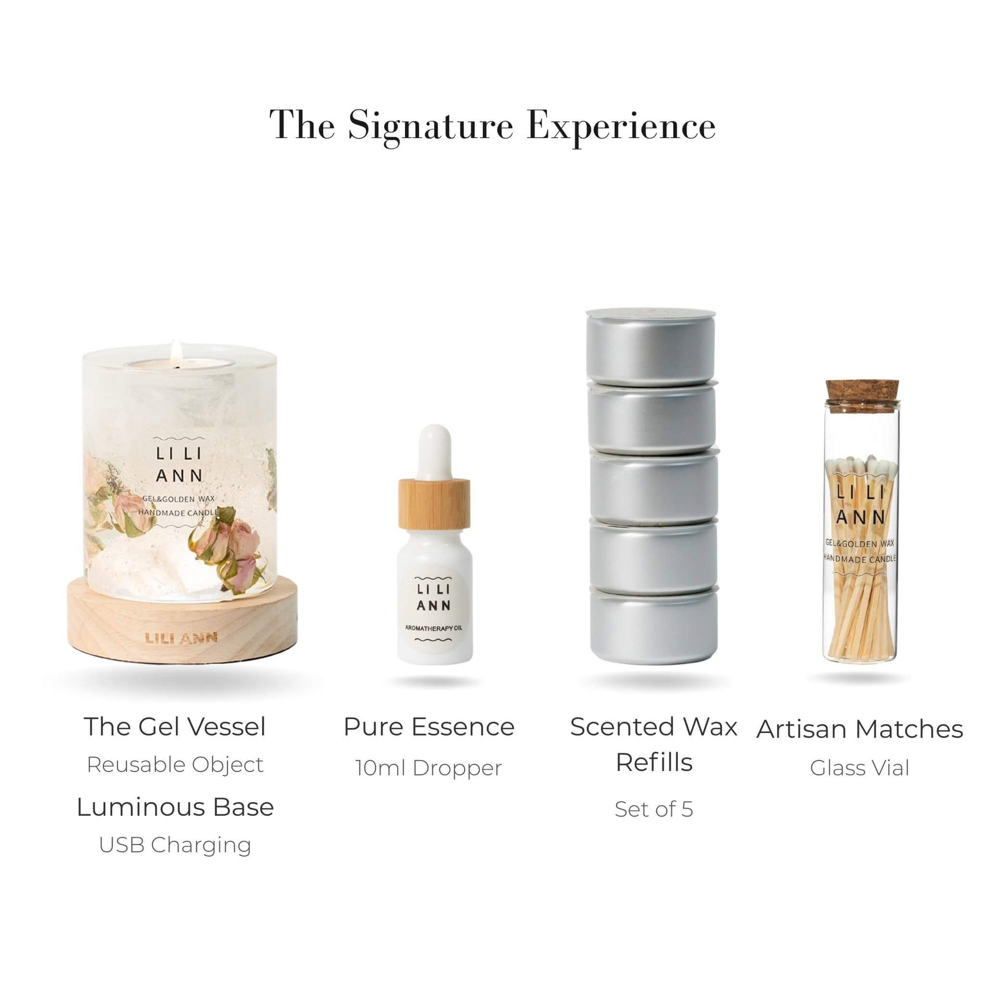 Complete Signature Set with Frosted Rose Vessel, Wax Refills, Luminous Base, and Essence Oil.