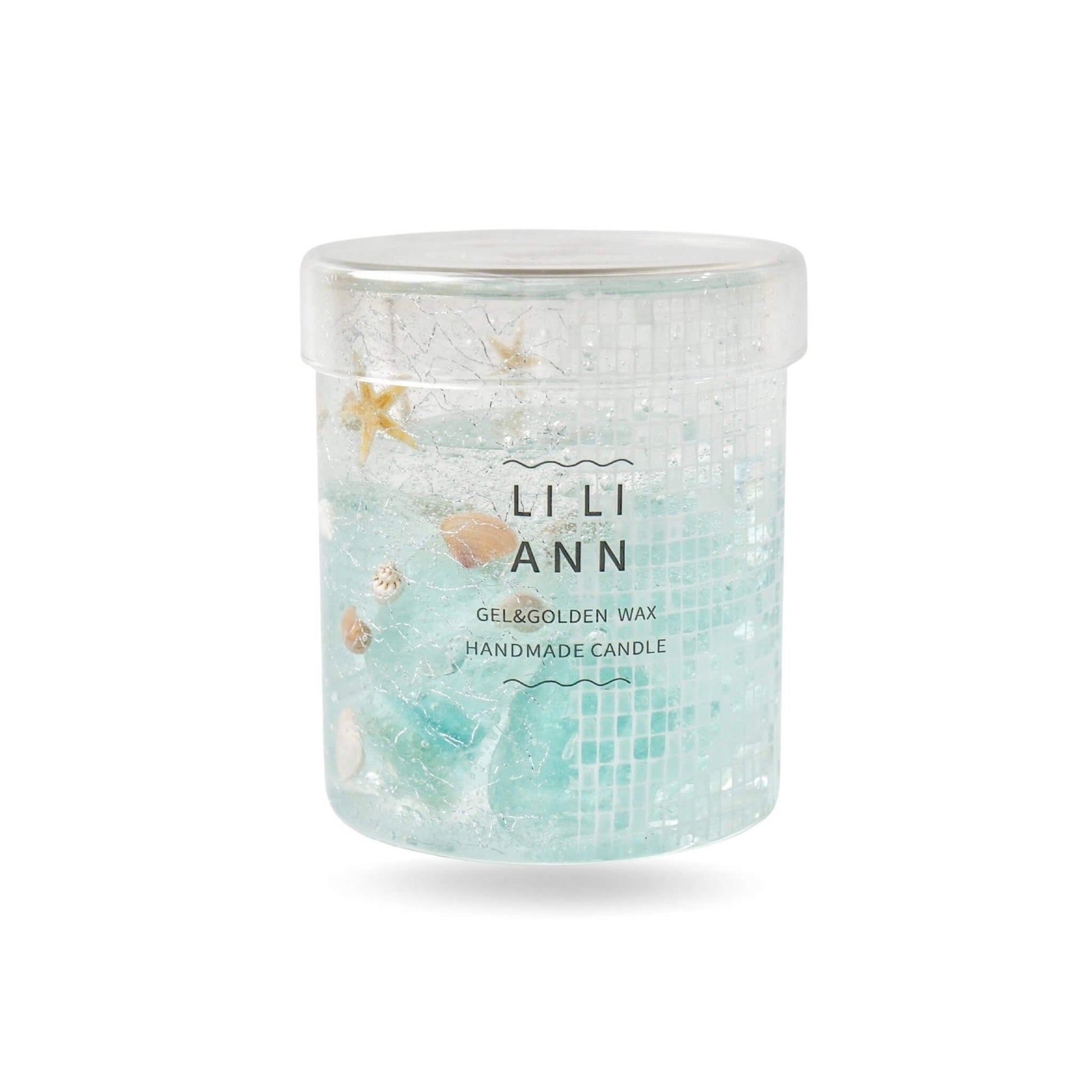 Close-up of iridescent mosaic tiles and marine specimens suspended in bubble-free clear blue gel.