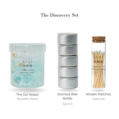 Liliann Discovery Set including The Gel Object .08 (Atlantis), 5 Ocean Rose wax refills, and matches.