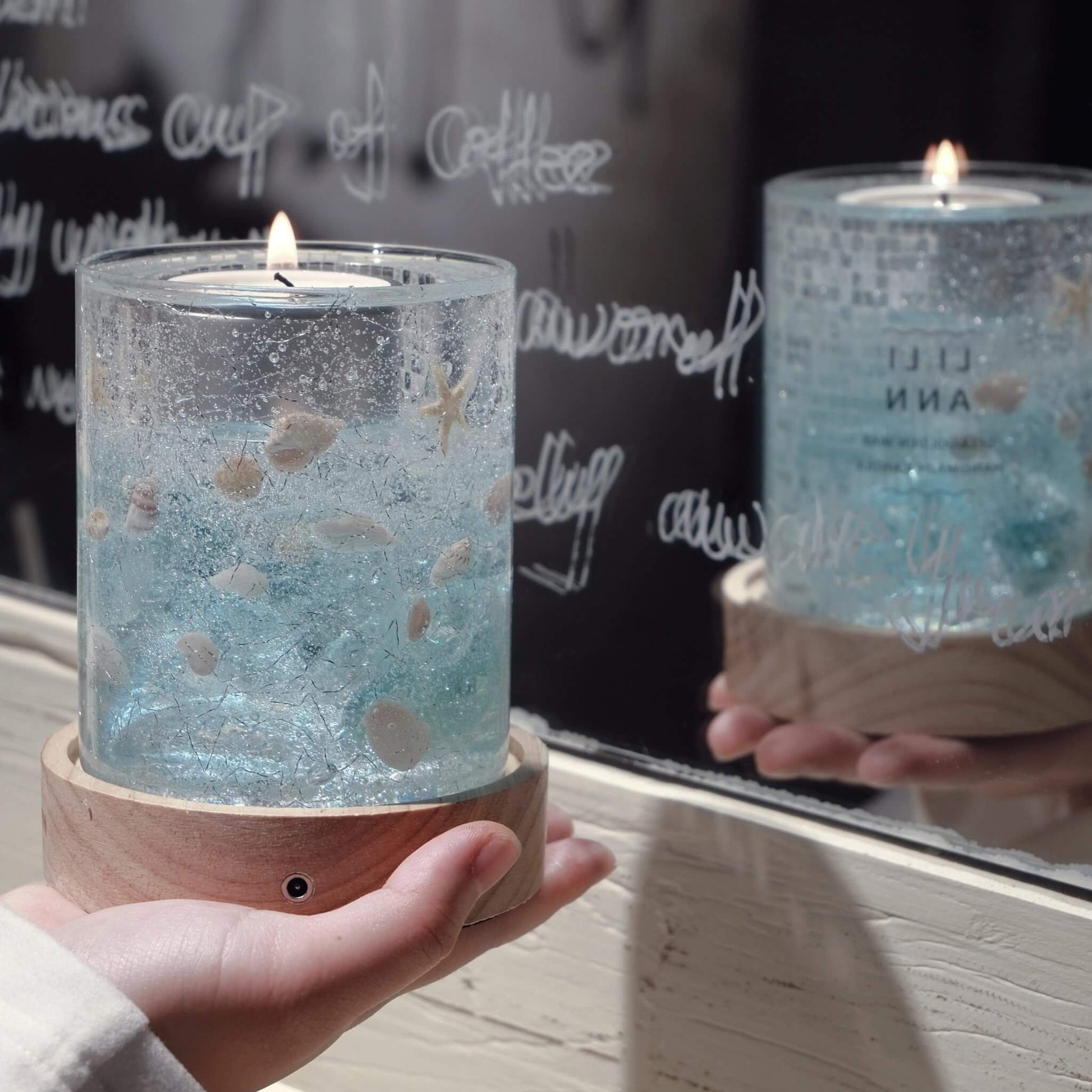 The Gel Object .08 reflecting in a mirror with handwritten notes. A study of underwater textures and light.