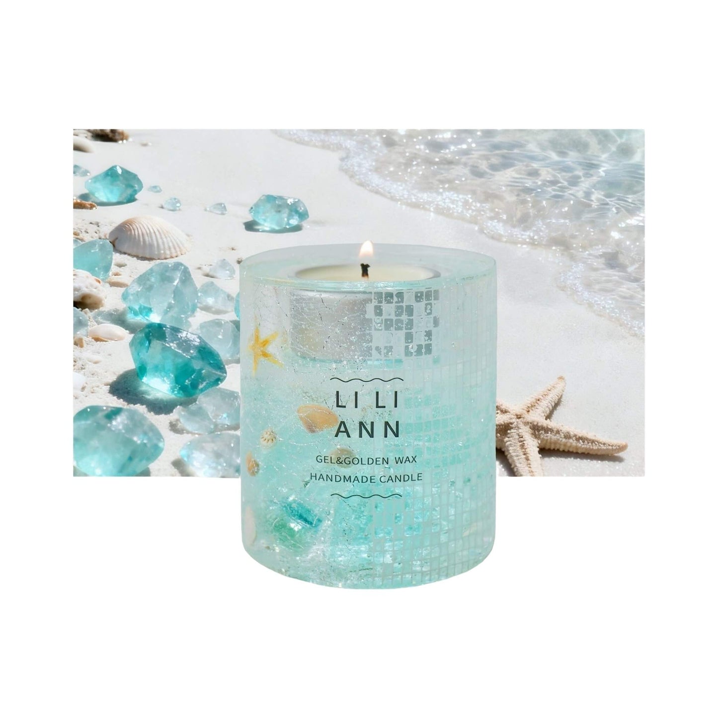 The Gel Object .08 (Atlantis). Mosaic fragments and seashells suspended in blue marine gel against a white sand background. Refillable archive.