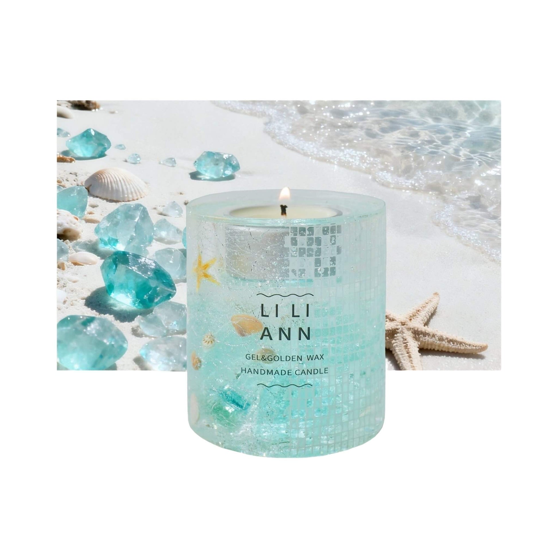 The Gel Object .08 (Atlantis). Mosaic fragments and seashells suspended in blue marine gel against a white sand background. Refillable archive.