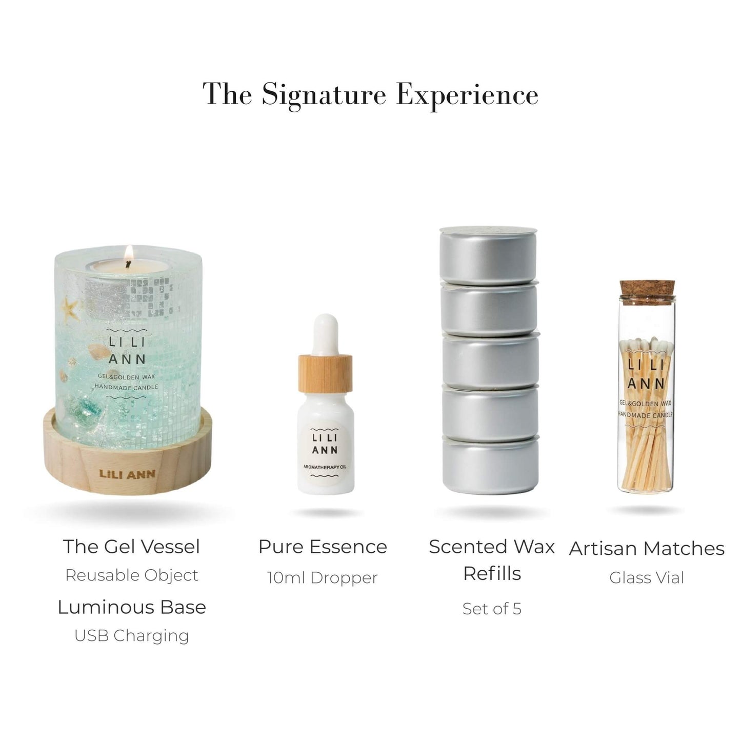 Complete Signature Set with Atlantis Vessel, Luminous Base, Wax Refills, and Essence Oil.