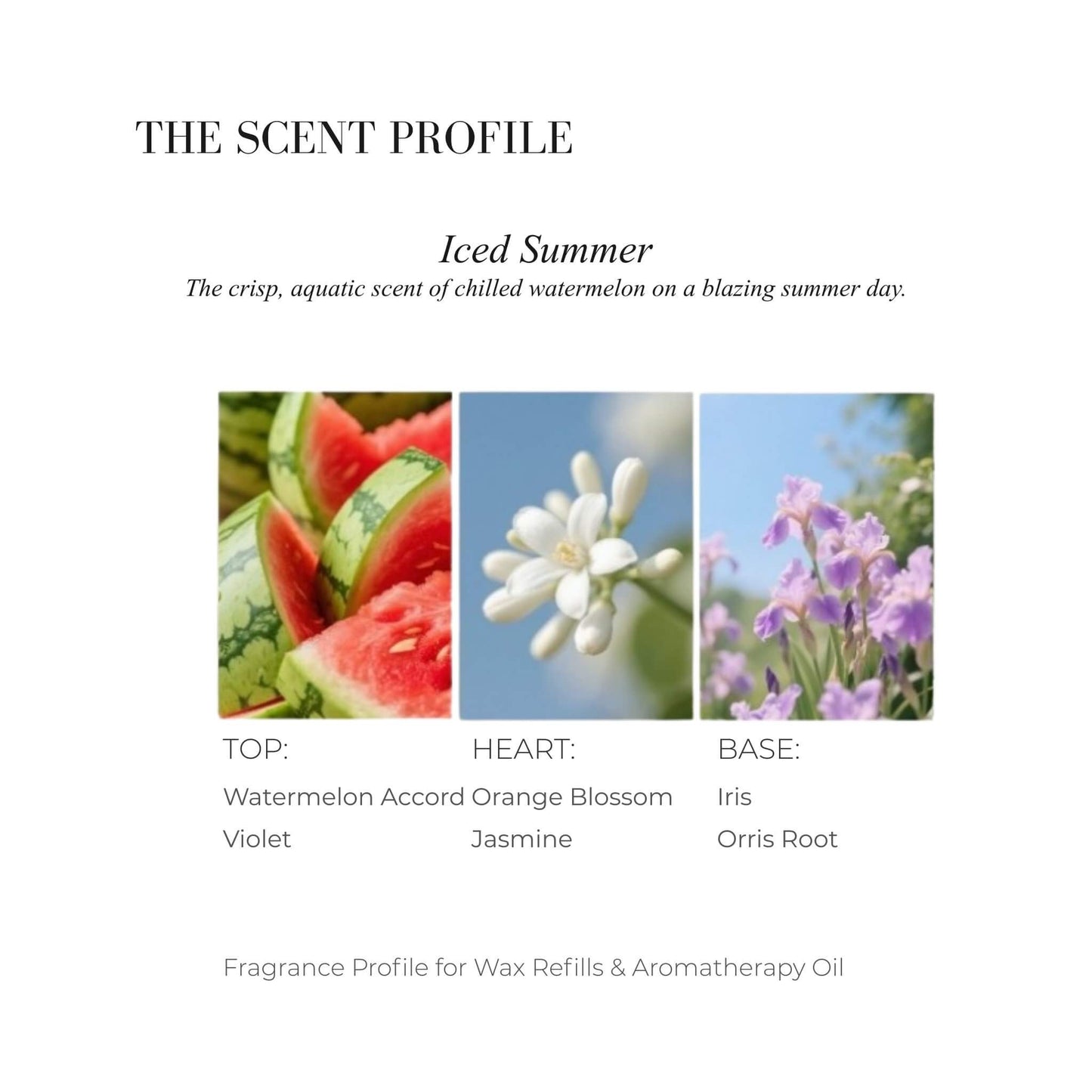 Scent profile chart for Watermelon Granita featuring Sliced Watermelon, Purple Violet flower, and Orris Root.