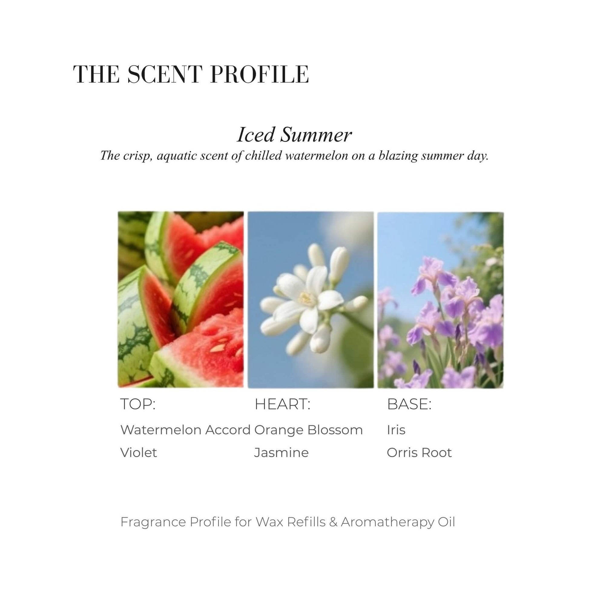 Scent profile chart for Watermelon Granita featuring Sliced Watermelon, Purple Violet flower, and Orris Root.