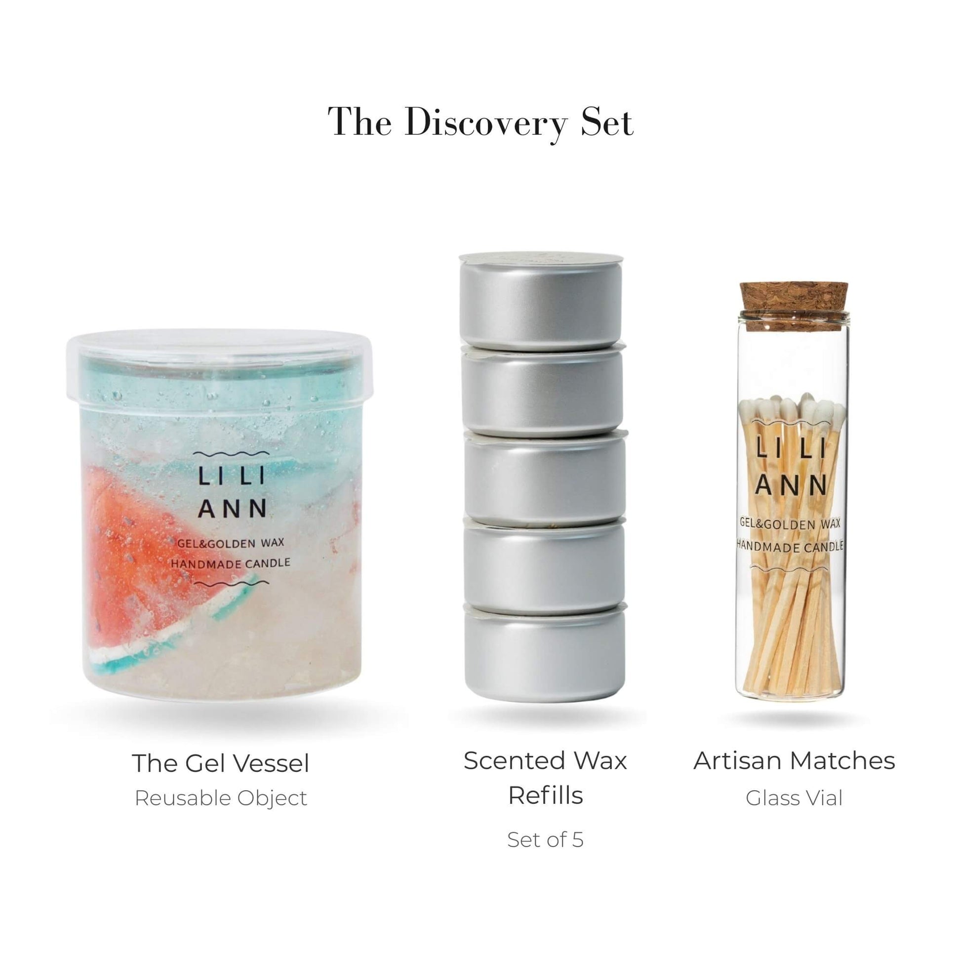 Liliann Discovery Set including The Gel Object .09 (Sorbet), 5 Iced Summer wax refills, and artisan matches in a glass vial.