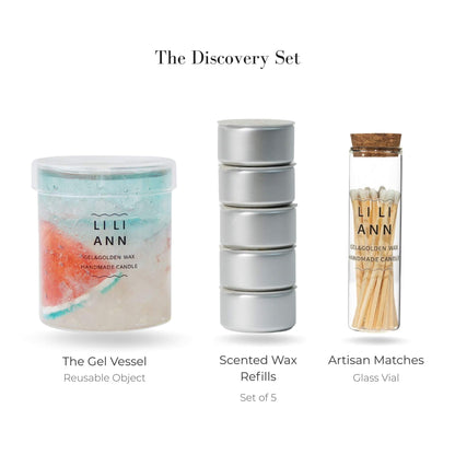 Liliann Discovery Set including The Gel Object .09 (Sorbet), 5 Iced Summer wax refills, and artisan matches in a glass vial.