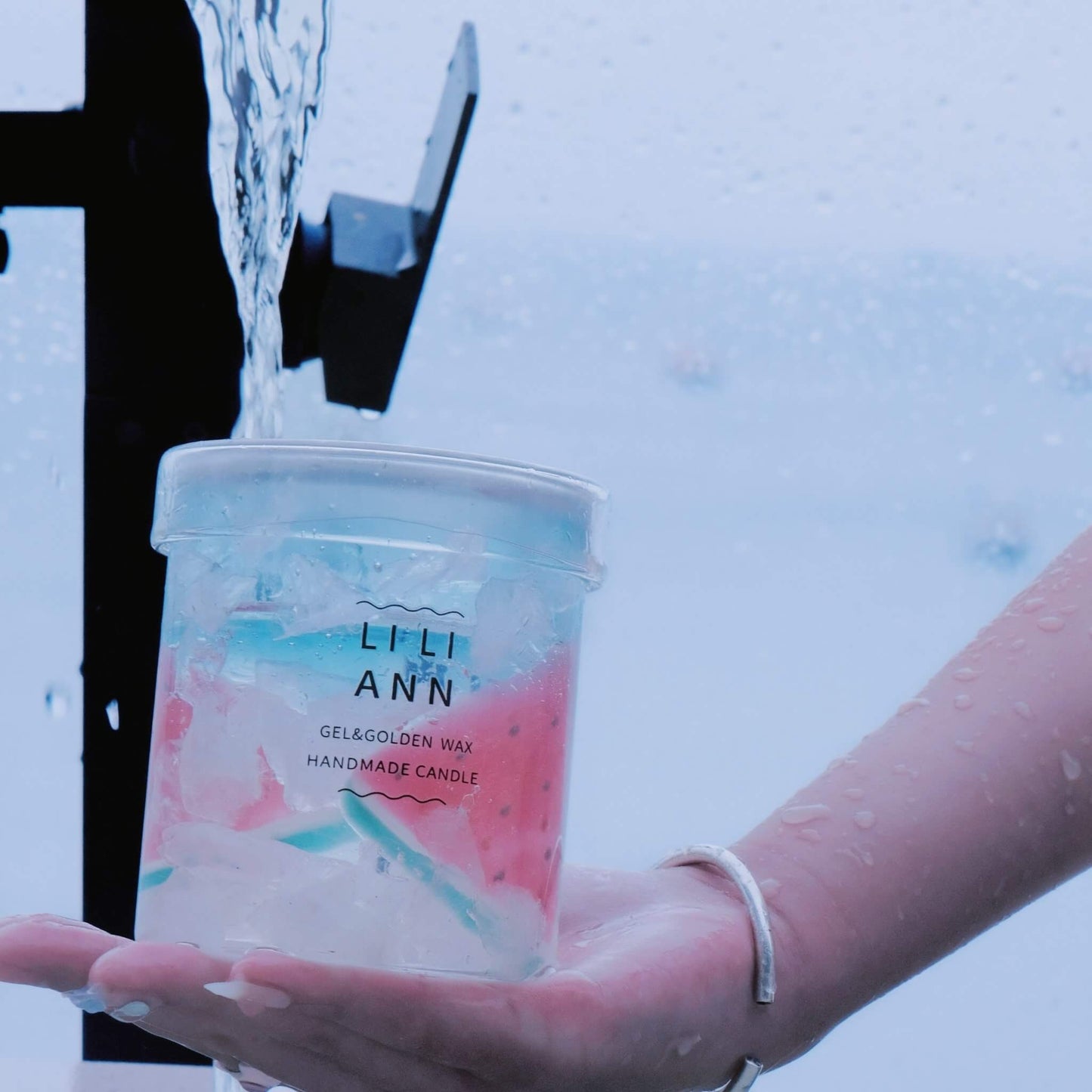 Water pouring over The Gel Object .09, highlighting the waterproof, permanent gel material and cooling visual effect.