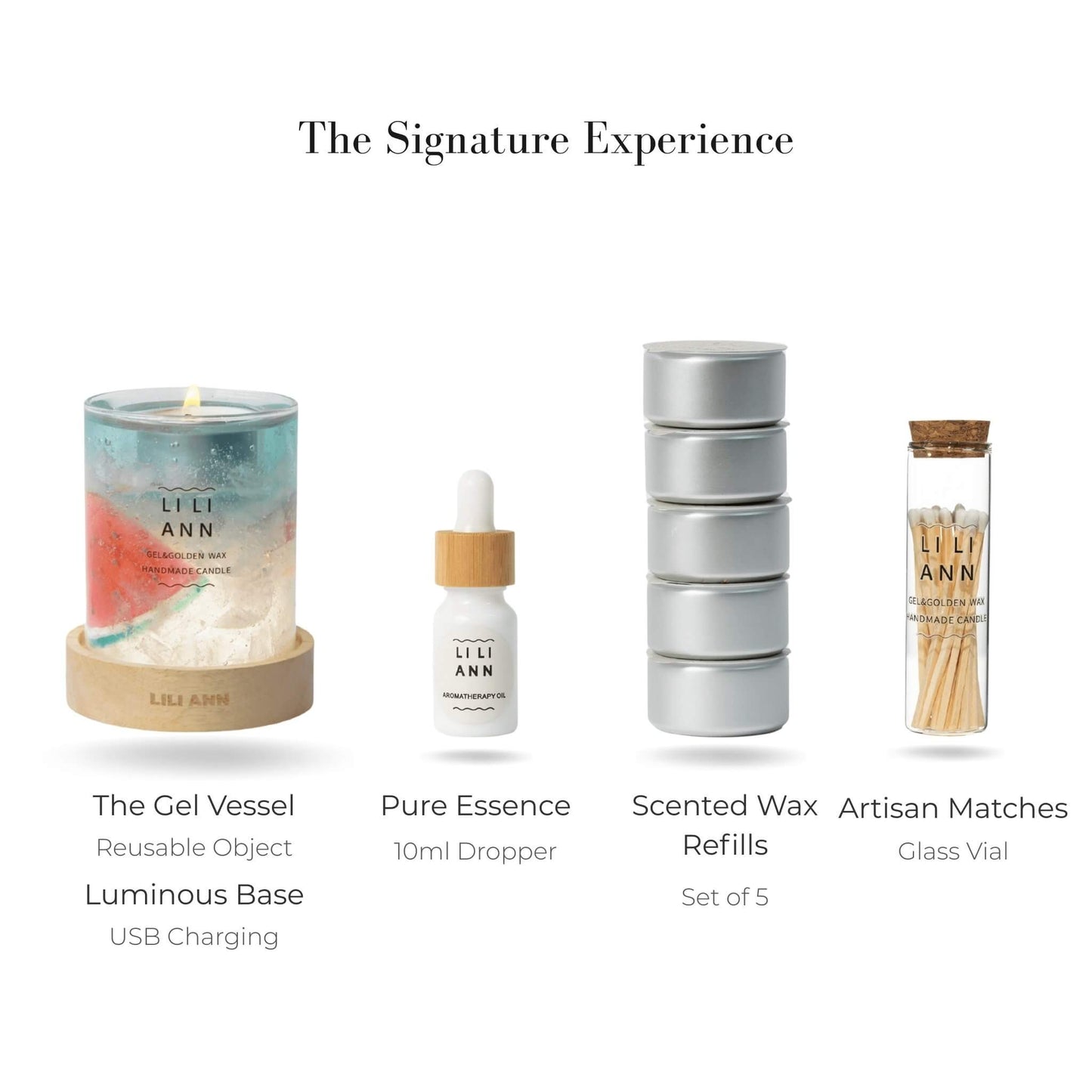 Complete Signature Set with Sorbet Vessel, Luminous Base, Wax Refills, and Essence Oil.