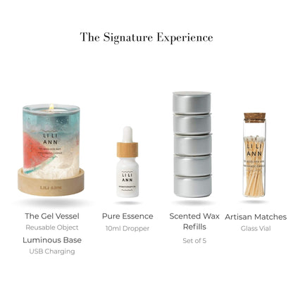 Complete Signature Set with Sorbet Vessel, Luminous Base, Wax Refills, and Essence Oil.