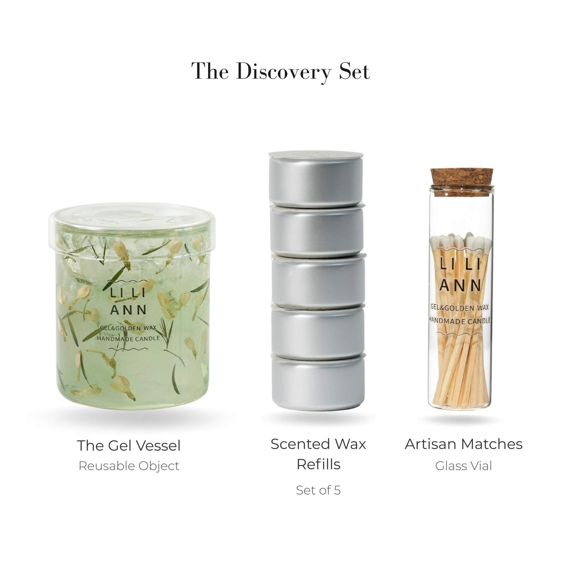 Liliann Object Discovery Set including The Ethereal Vessel, 5 Jasmine Breeze wax refills, and matches.
