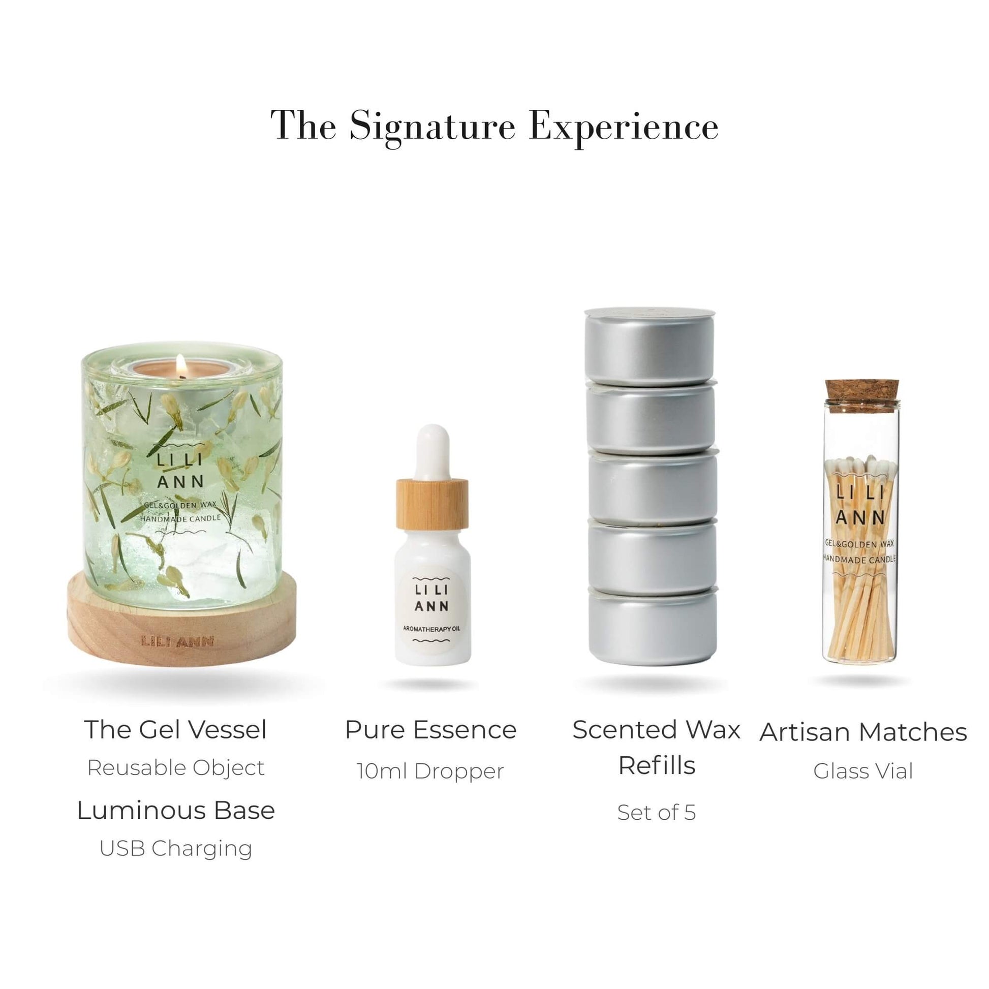 Complete Signature Set featuring the Moonlit Tea Vessel, Luminous Wood Base, Essence Oil, Refills, and Matches.