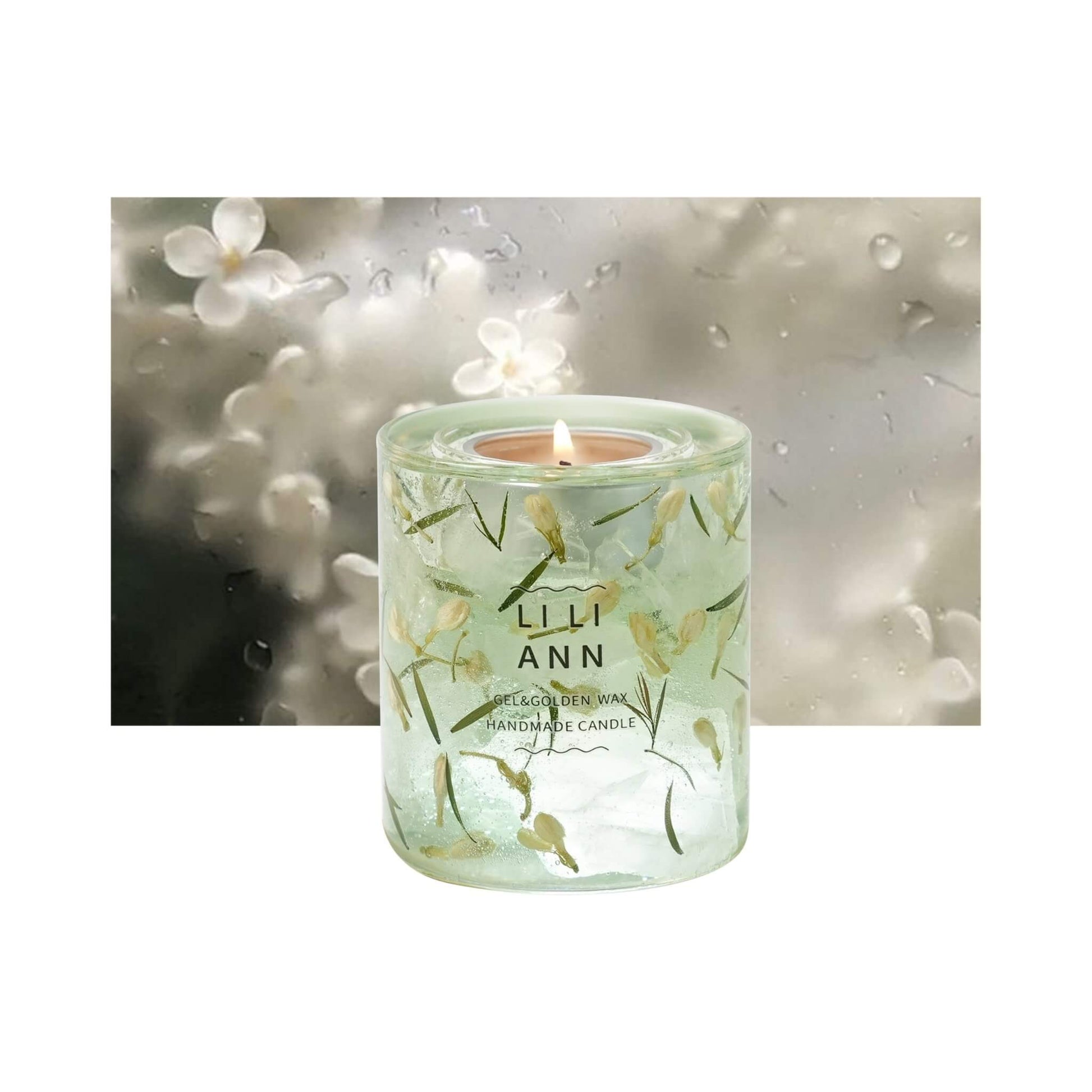 Liliann Gel Object .10 (Moonlit Tea). A refillable jade gel vessel featuring suspended botanical art (tea shoots and white buds).