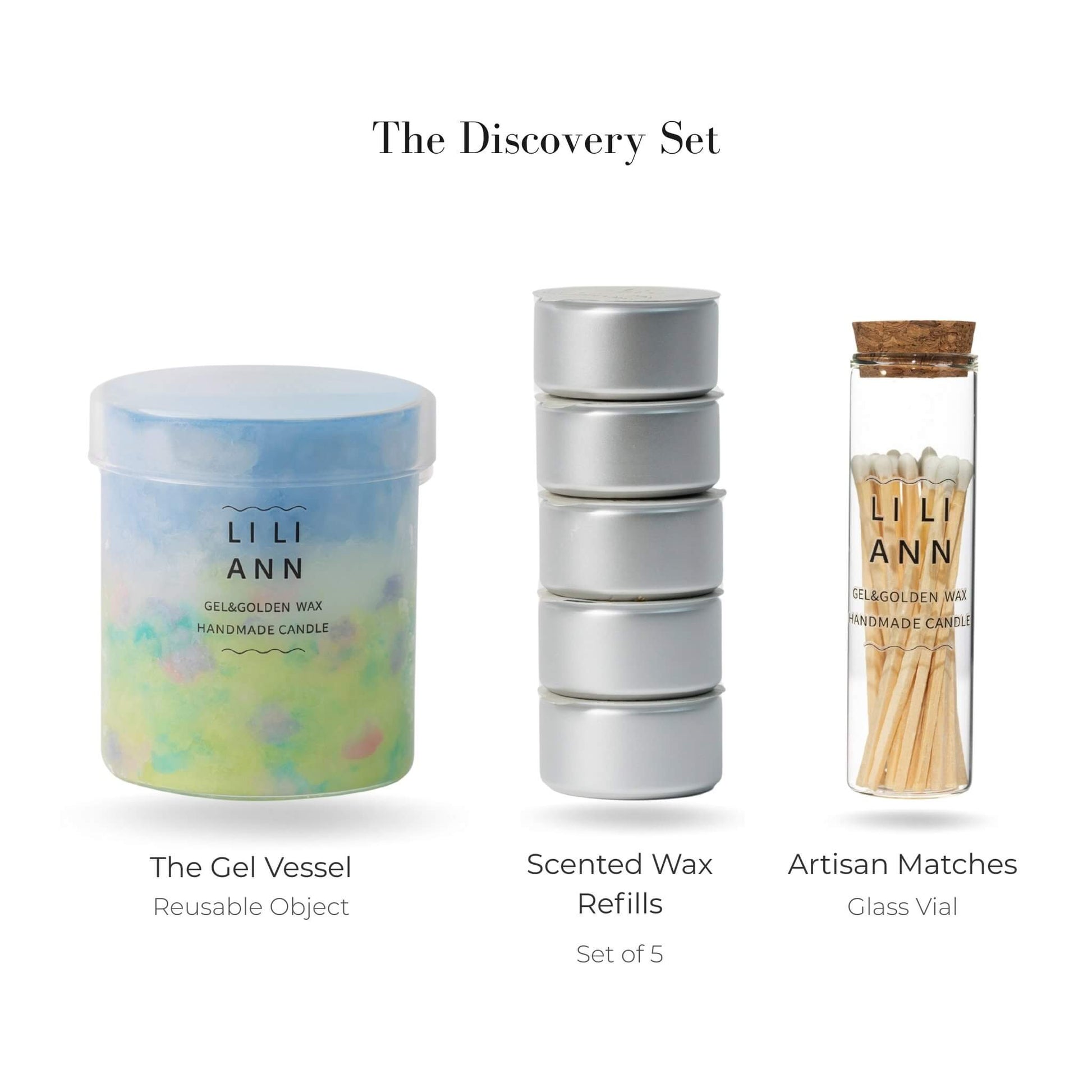 Liliann Discovery Set including The Gel Object .11 (Meadow), 5 Monet's Garden wax refills, and matches.