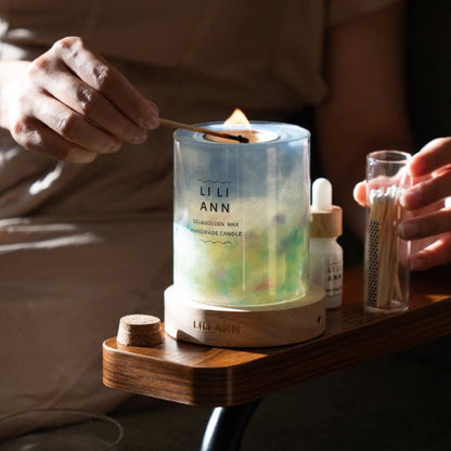 Lighting The Gel Object .11 in a dimly lit room. The flame illuminates the internal gradient, creating a soft atmospheric glow.