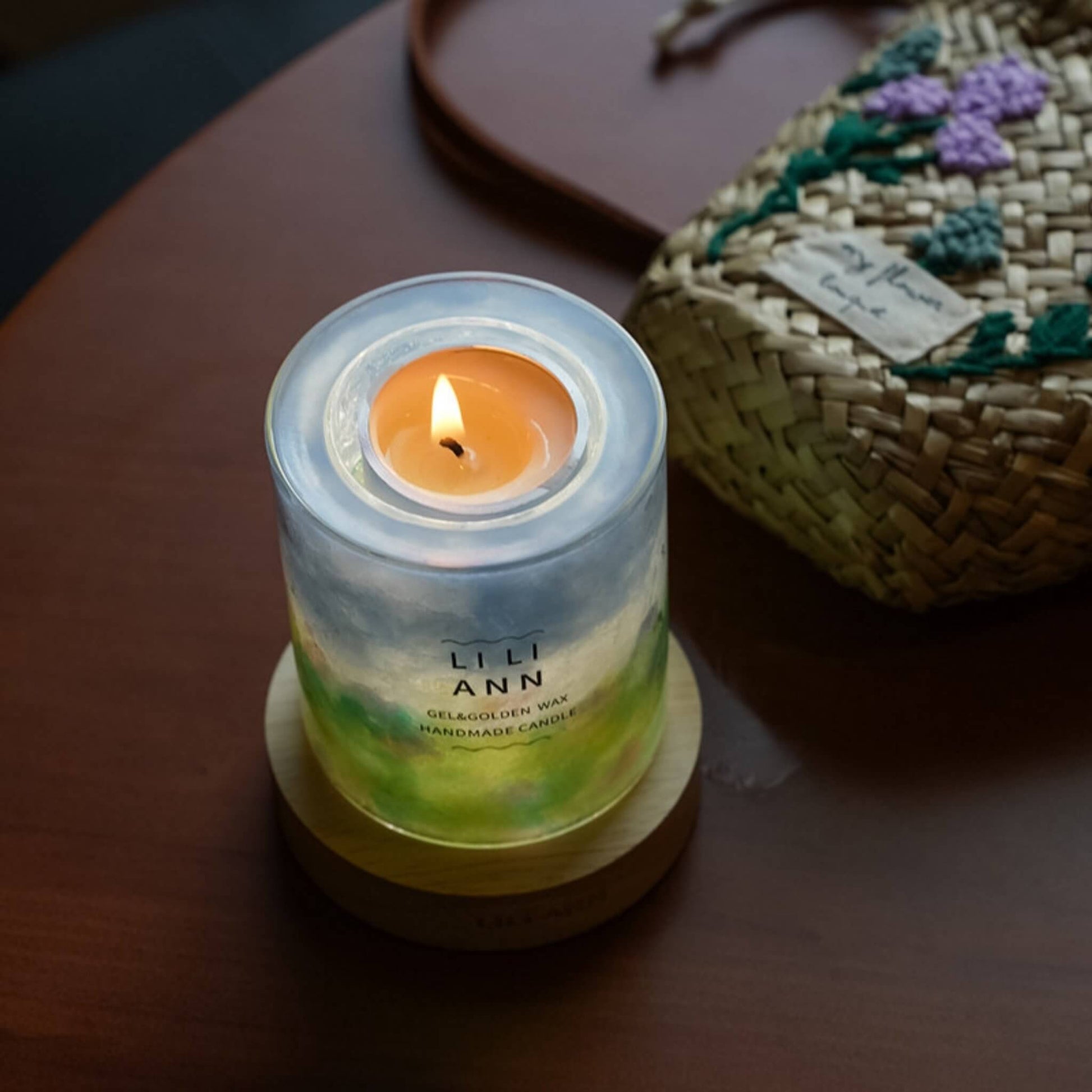 High-angle view of The Gel Object .11, showing the seamless transition from sky blue to meadow green gel.