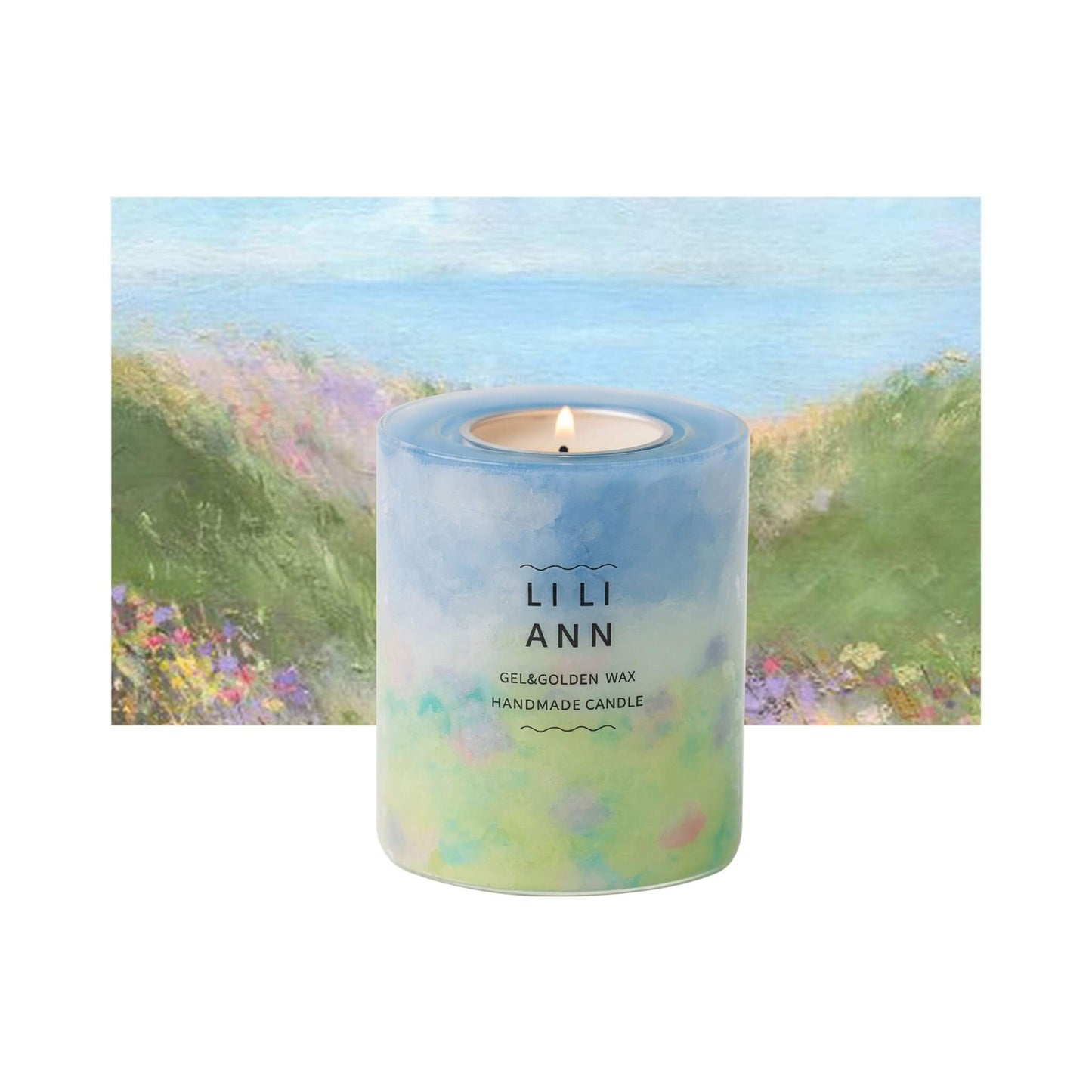 The Gel Object .11 (Meadow). A blue-to-green gradient vessel suspended against an impressionist oil painting background. Refillable archive.