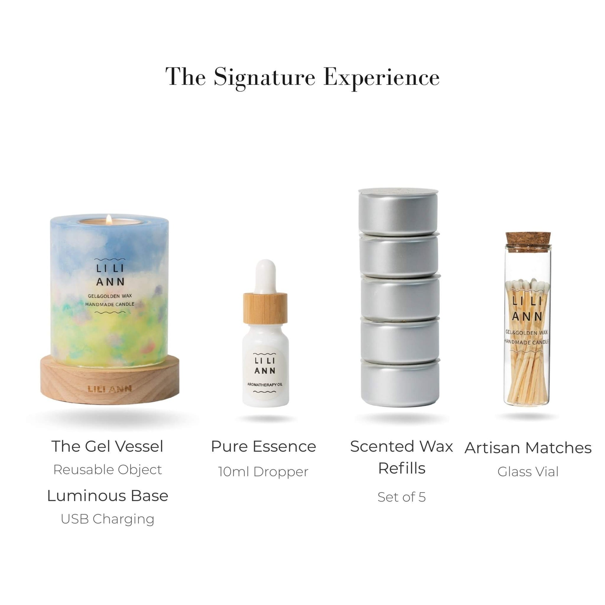 Complete Signature Set with Meadow Vessel, Monet's Garden Refills, Luminous Base, and Essence Oil.