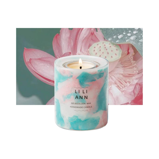 The Serene Vessel gel candle featuring watercolor-style pink and teal swirls against a pink lotus flower background.