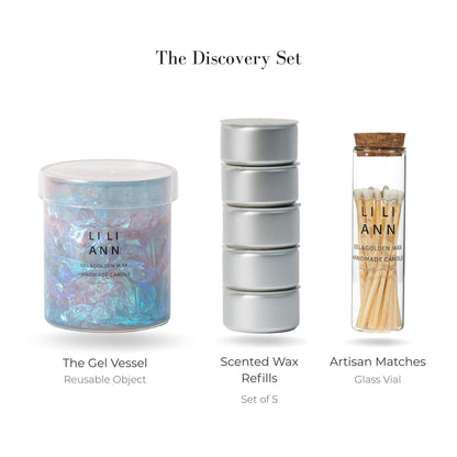 Liliann Discovery Set including The Gel Object .13, 5 Pink Rhubarb wax refills, and matches.
