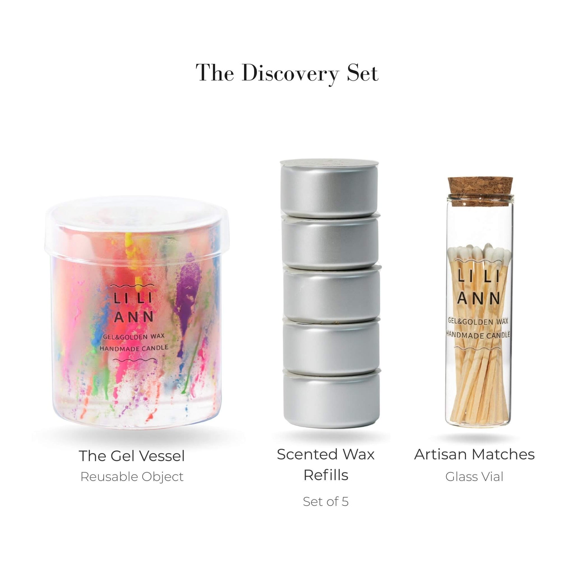 Liliann Discovery Set including The Gel Object .05 (Spark), 5 Summer Fizz wax refills, and matches.
