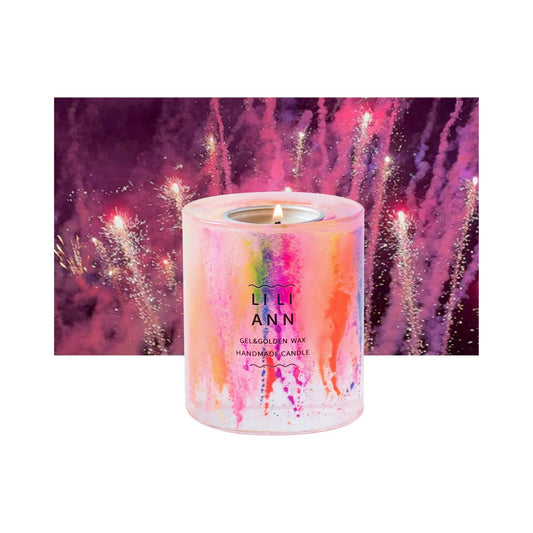 The Gel Object .05 (Spark). A suspension of neon splatter art against a purple firework background. Refillable home fragrance.